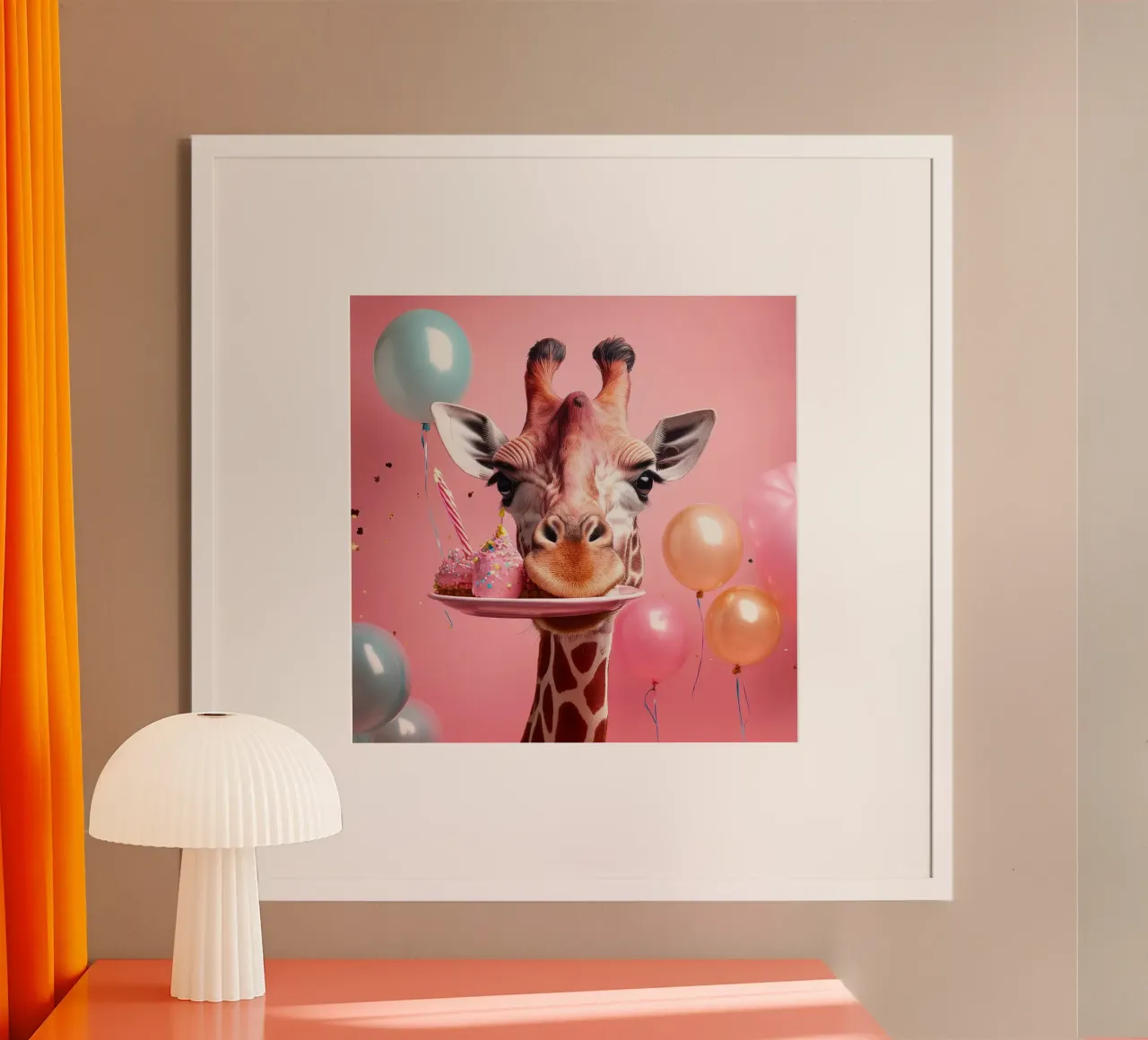 Celebrazione del compleanno di una giraffa giocosa con palloncini e dolci carta hahnemühle da FlexiDesignsByK