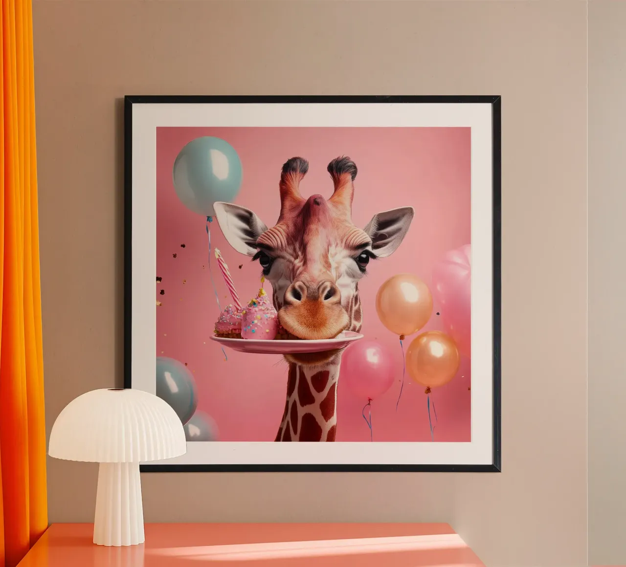 Celebrazione del compleanno di una giraffa giocosa con palloncini e dolci carta hahnemühle da FlexiDesignsByK