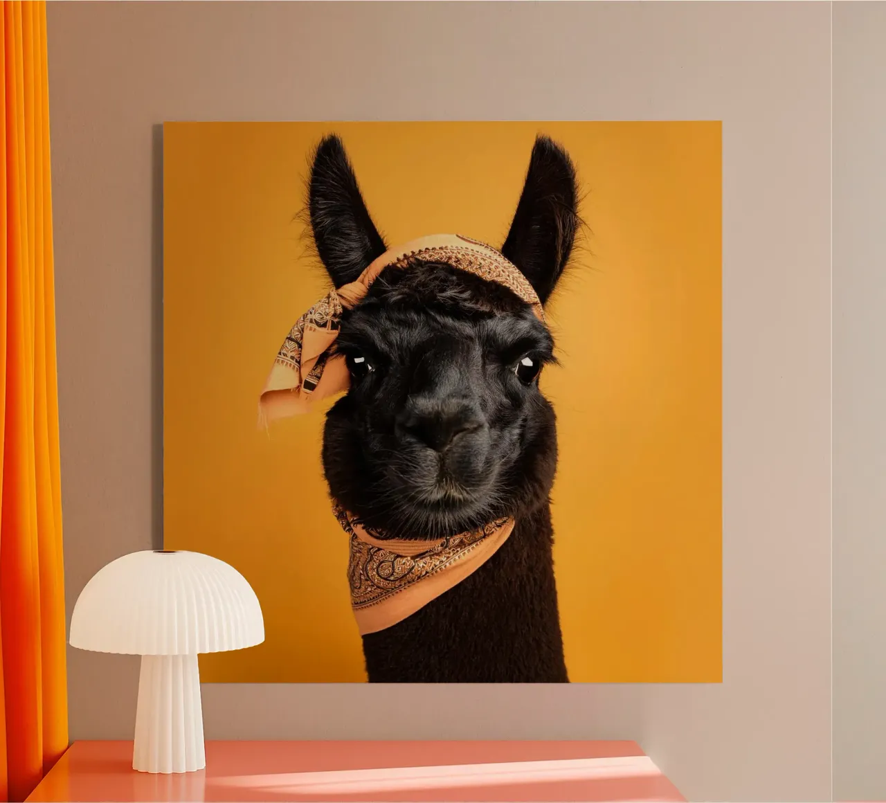 Lama noir stylé avec bandana sur fond jaune vif plexiglas de FlexiDesignsByK