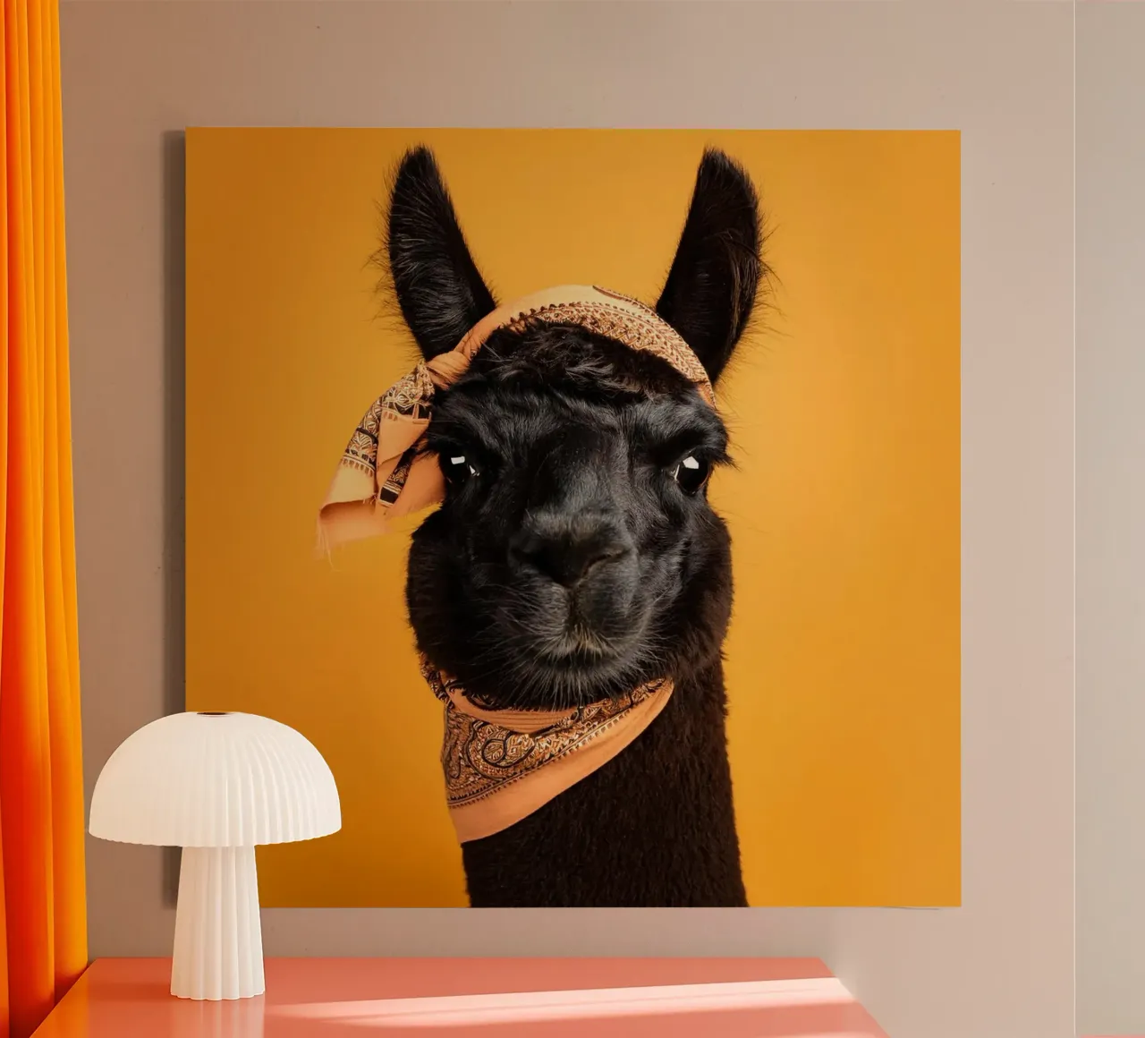 Lama noir stylé avec bandana sur fond jaune vif toile avec Caisse américaine de FlexiDesignsByK
