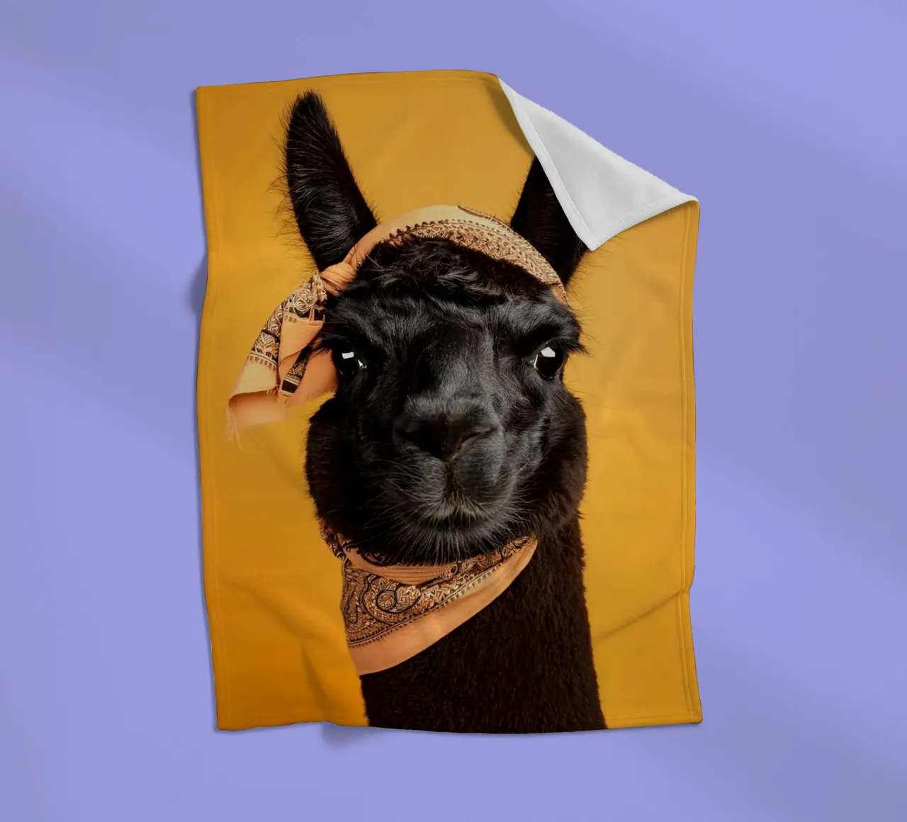 Stylish Black Llama with Bandana on Bold Yellow Background fleece blanket by FlexiDesignsByK