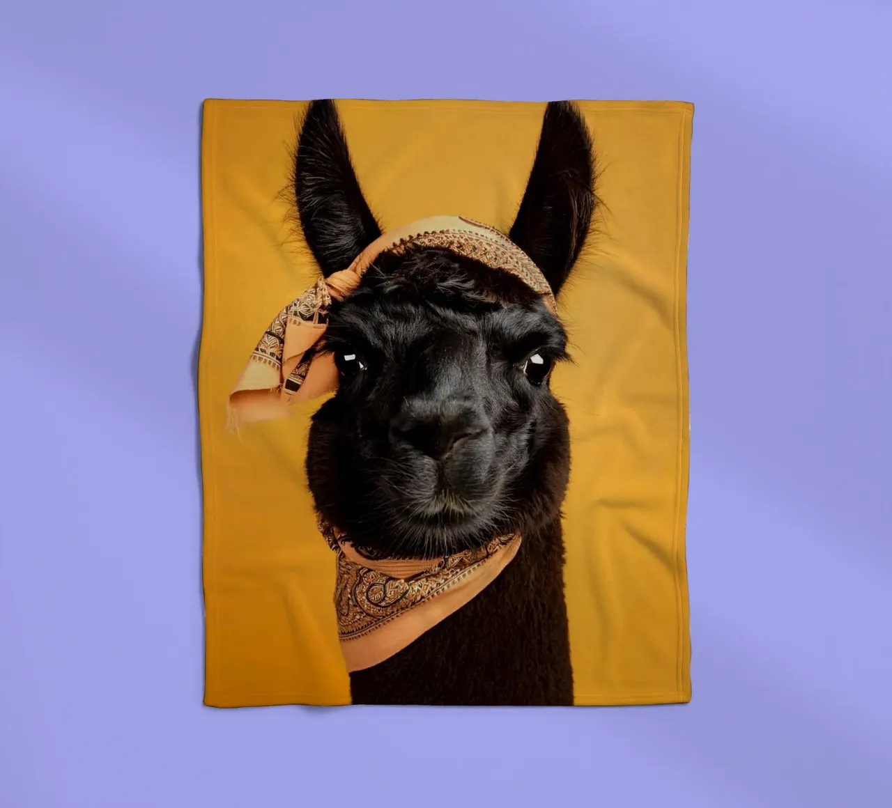 Stylish Black Llama with Bandana on Bold Yellow Background fleece blanket by FlexiDesignsByK