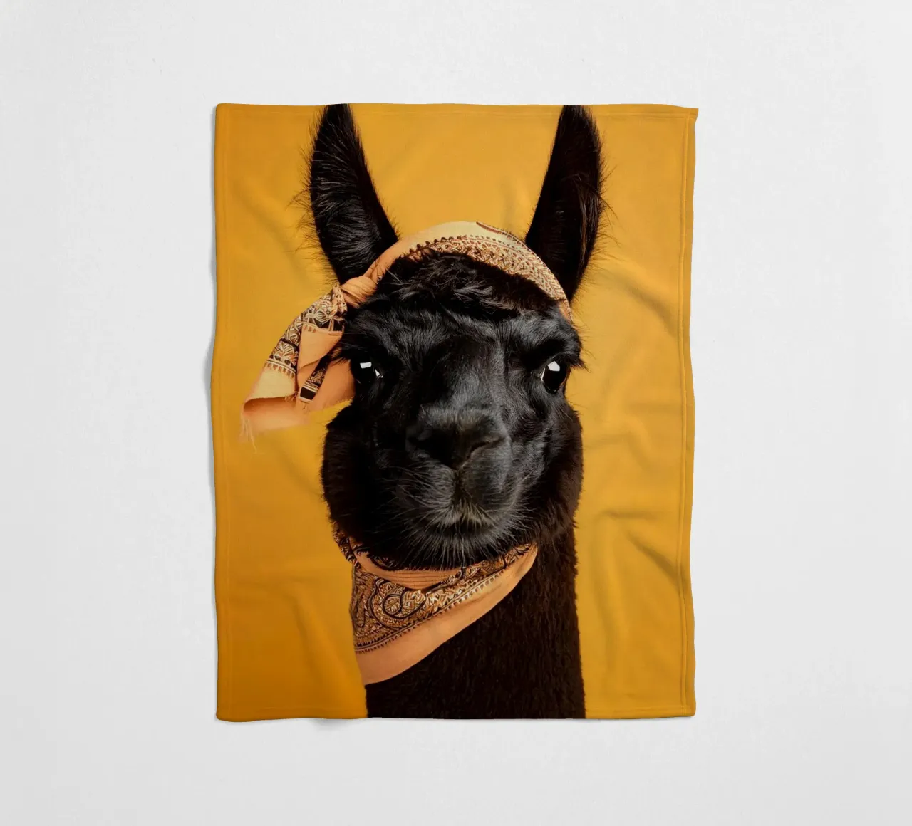 Stylish Black Llama with Bandana on Bold Yellow Background fleece blanket by FlexiDesignsByK