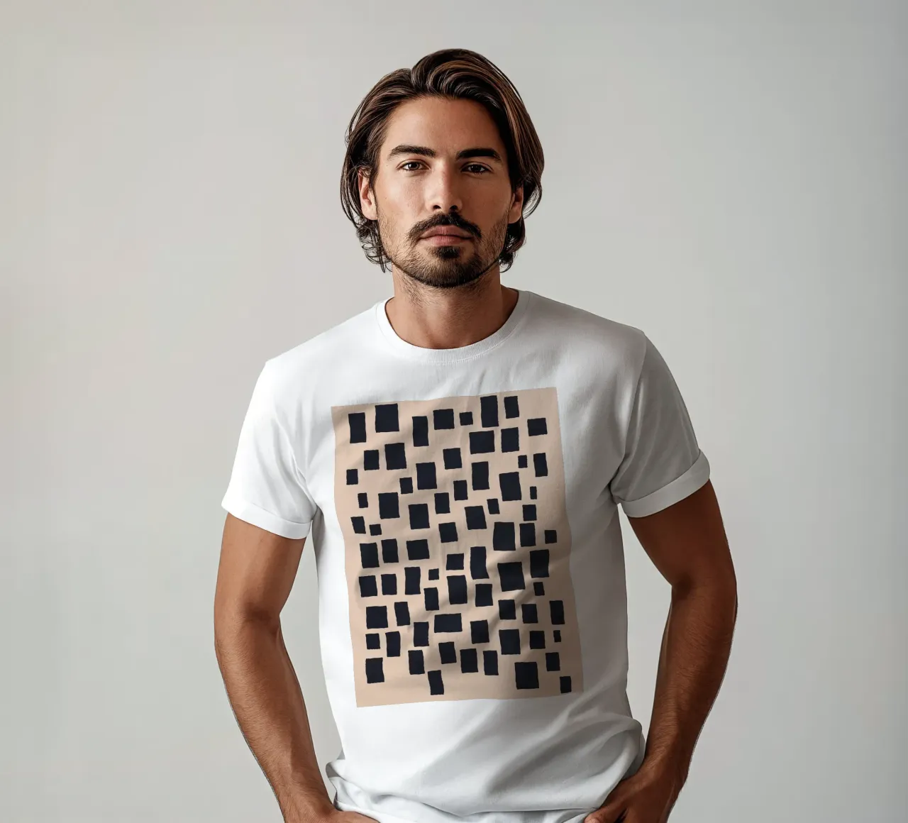 Abstract black and beige square pattern design art t-shirt by Whole©