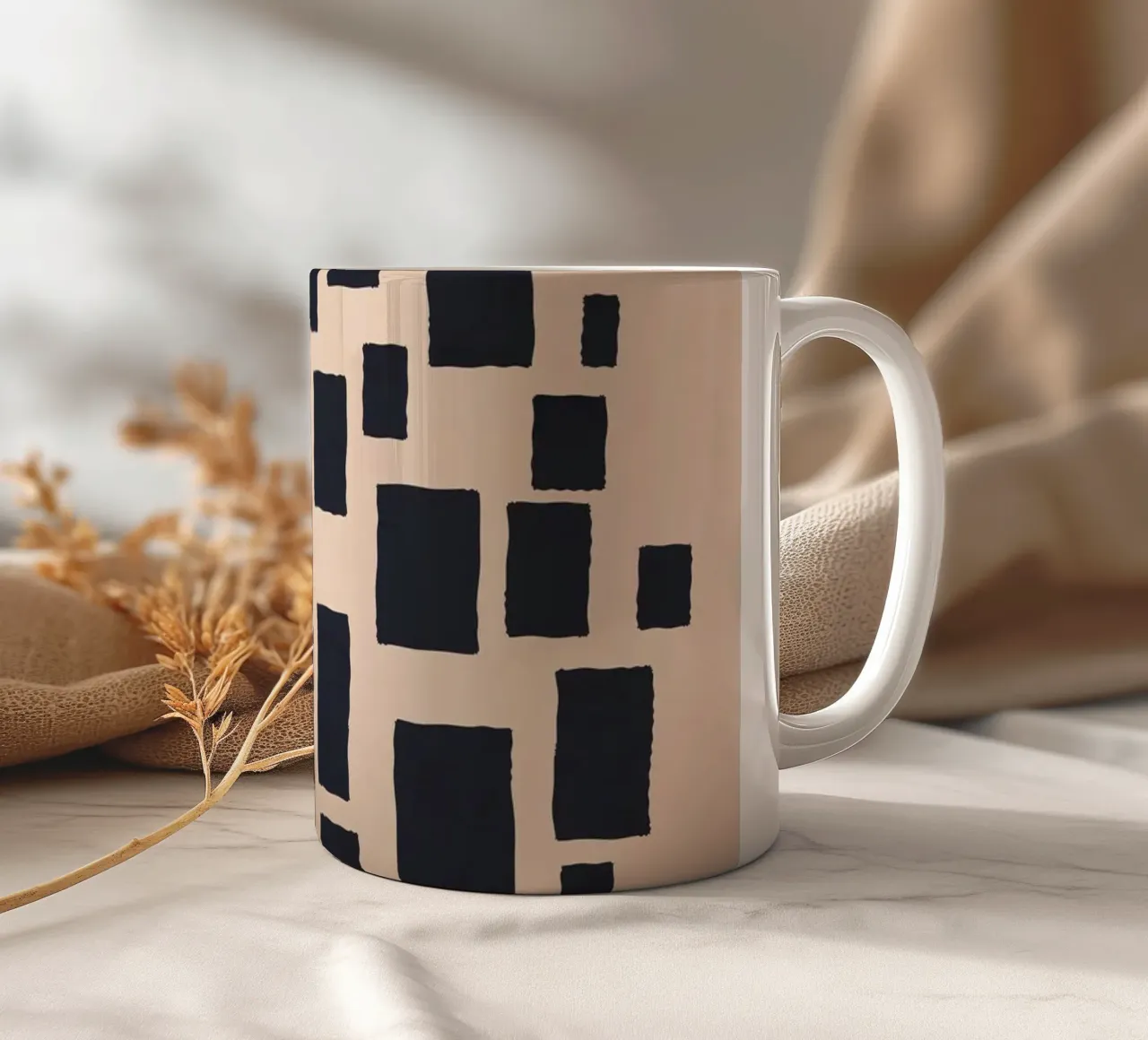 Abstract black and beige square pattern design art ceramic mug by Whole©