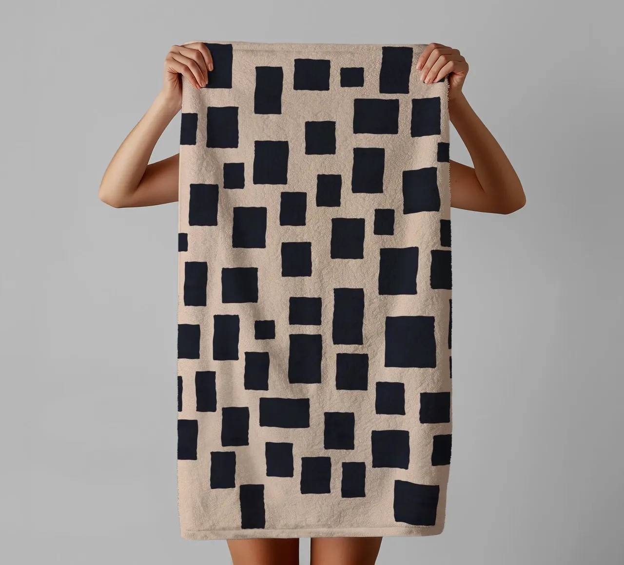Abstract black and beige square pattern design art towel by Whole©