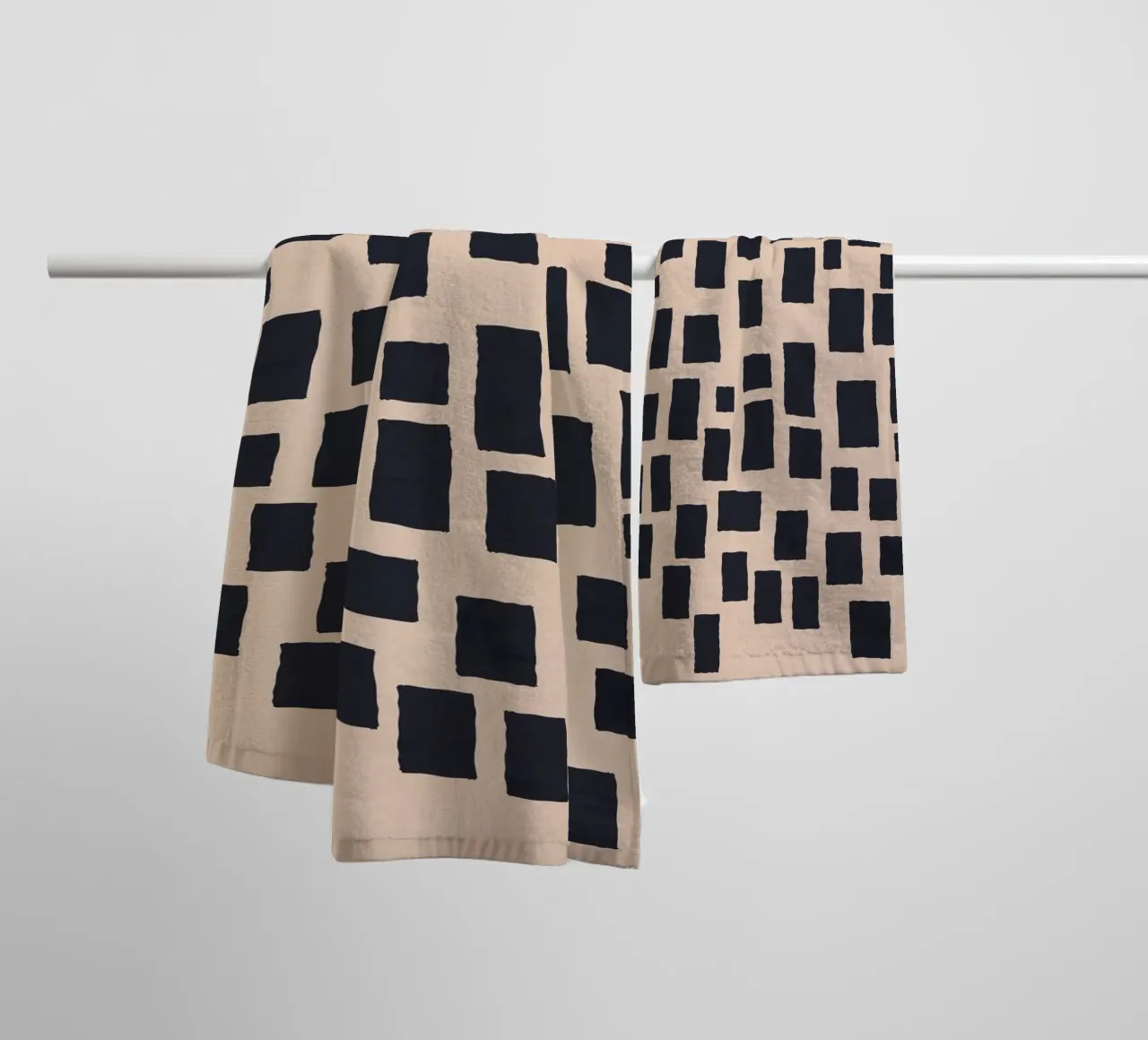 Abstract black and beige square pattern design art towel by Whole©