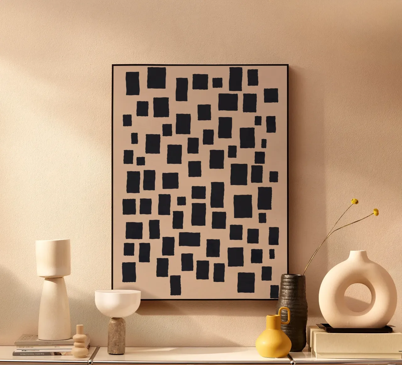 Abstraktes Schwarz-Beige Quadrat-Muster Design Kunst Acryl-Glas von Whole©