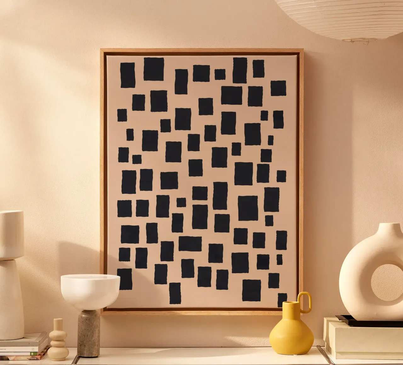 Abstrait noir et beige Motif carré Design Art toile avec Caisse américaine de Whole©