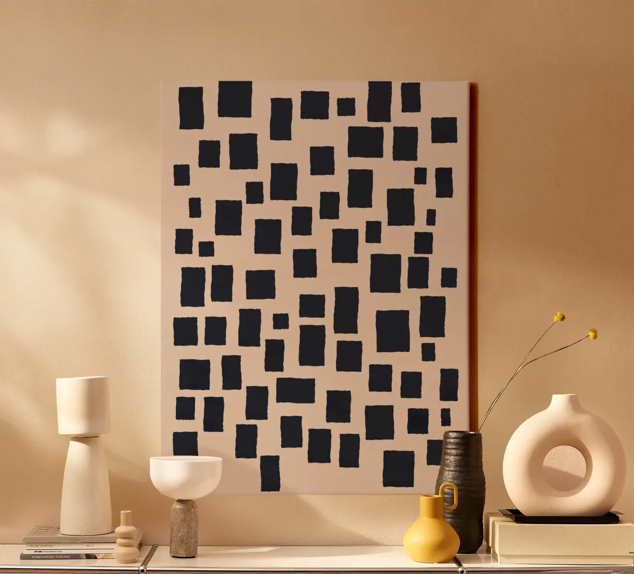 Abstrait noir et beige Motif carré Design Art toile avec Caisse américaine de Whole©