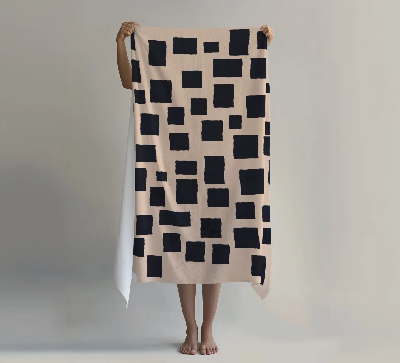 Abstract black and beige square pattern design art beach towel by Whole©