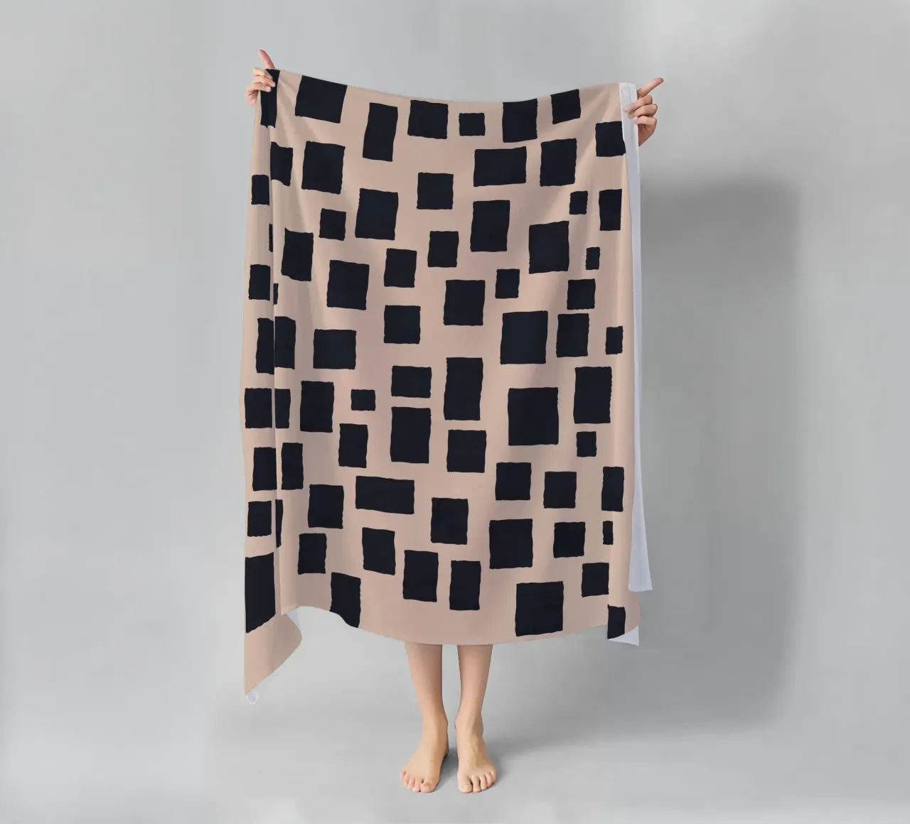 Abstract black and beige square pattern design art beach towel by Whole©