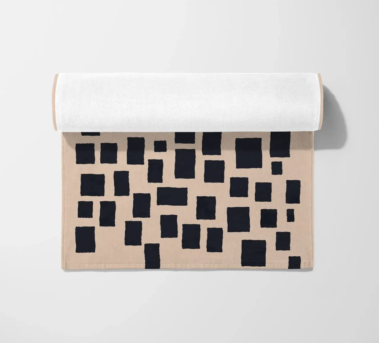 Abstract black and beige square pattern design art beach towel by Whole©