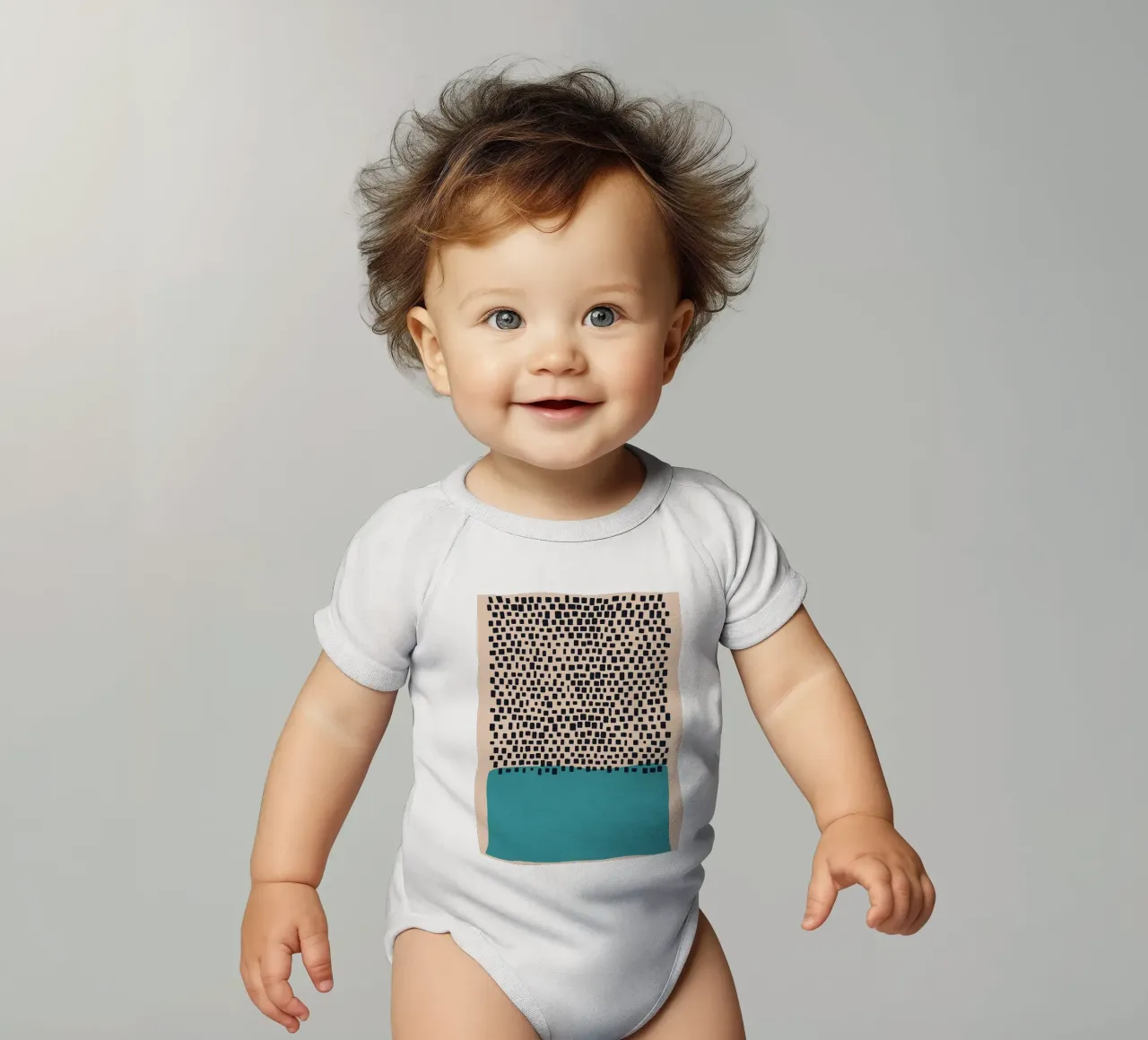 Abstract black and turquoise square pattern design short-sleeve baby romper by Whole©