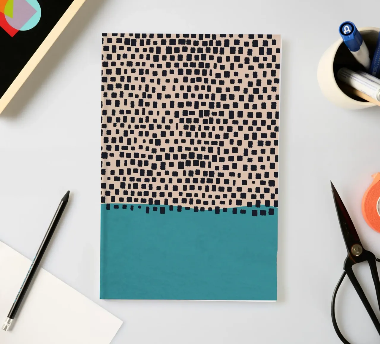 Abstract black and turquoise square pattern design notebook by Whole©