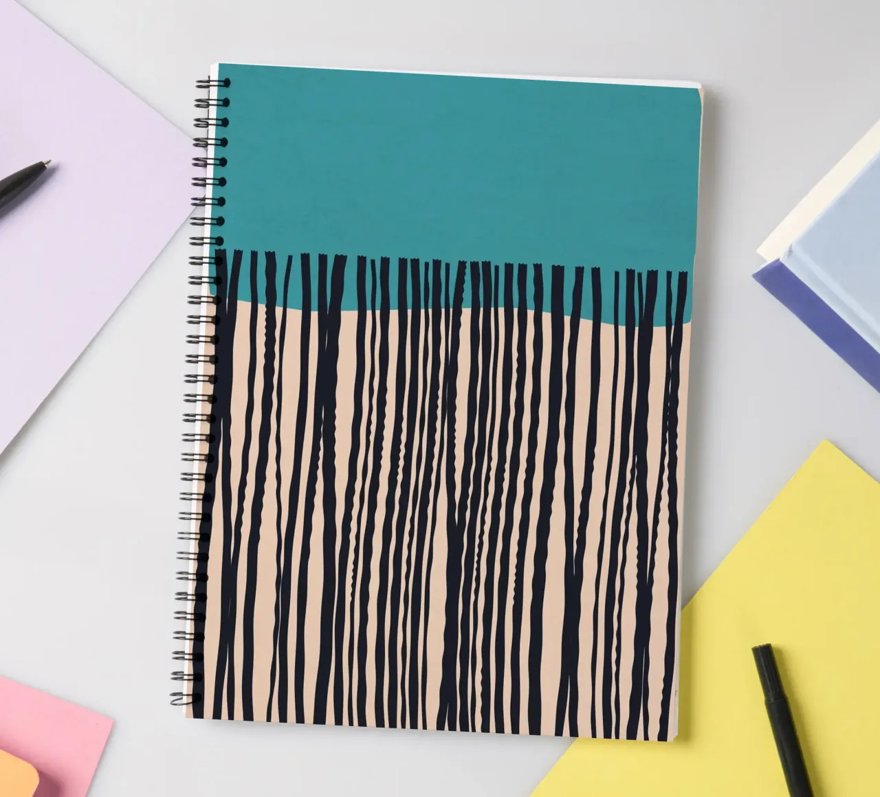 Modern turquoise and black line pattern design spiral notebook by Whole©