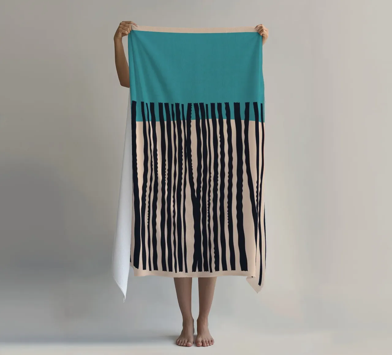 Modern turquoise and black line pattern design beach towel by Whole©