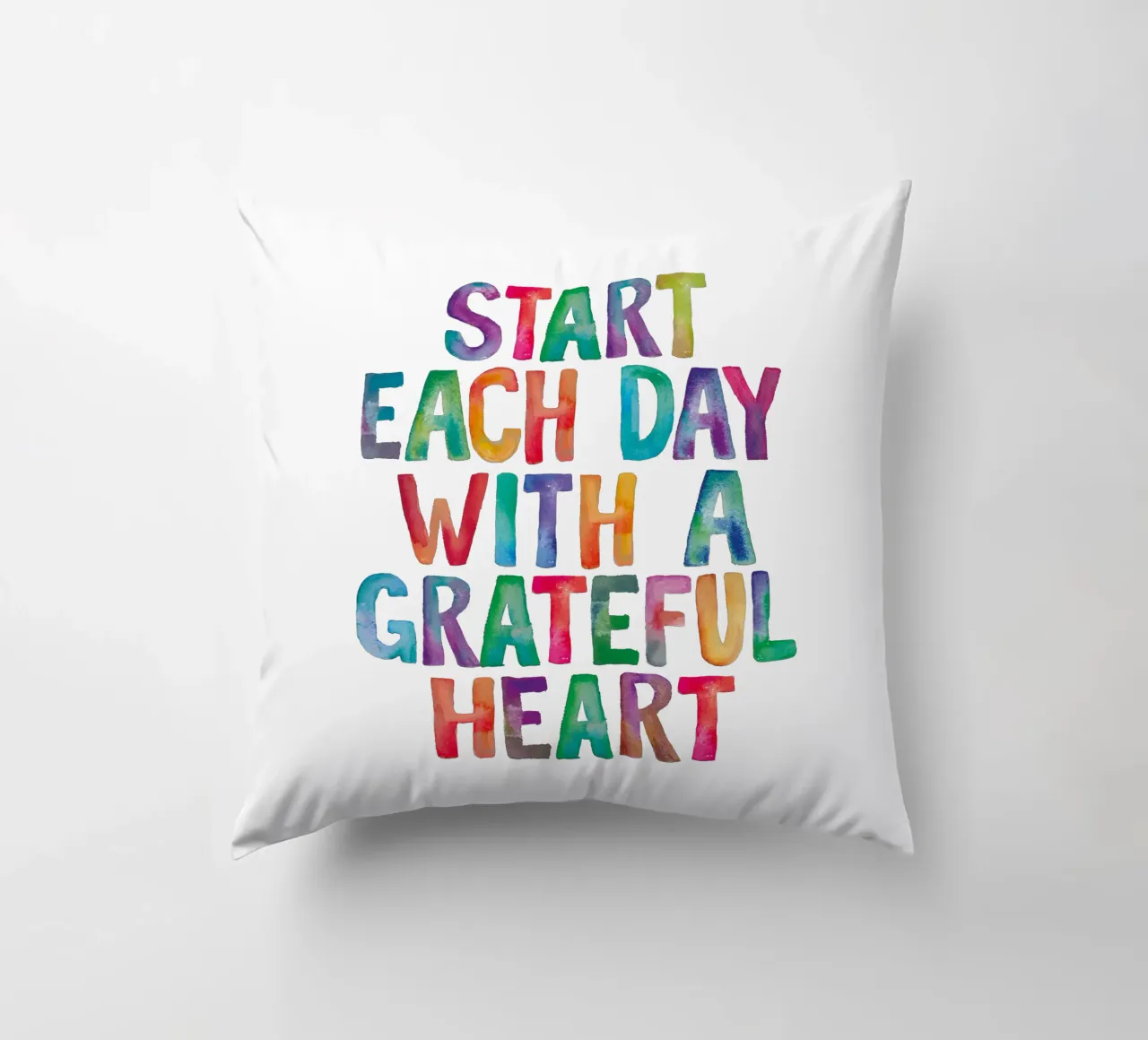 Start Each Day With a Grateful Heart Regenbogen Typografie decorative cushion by THE MOTIVATED TYPE