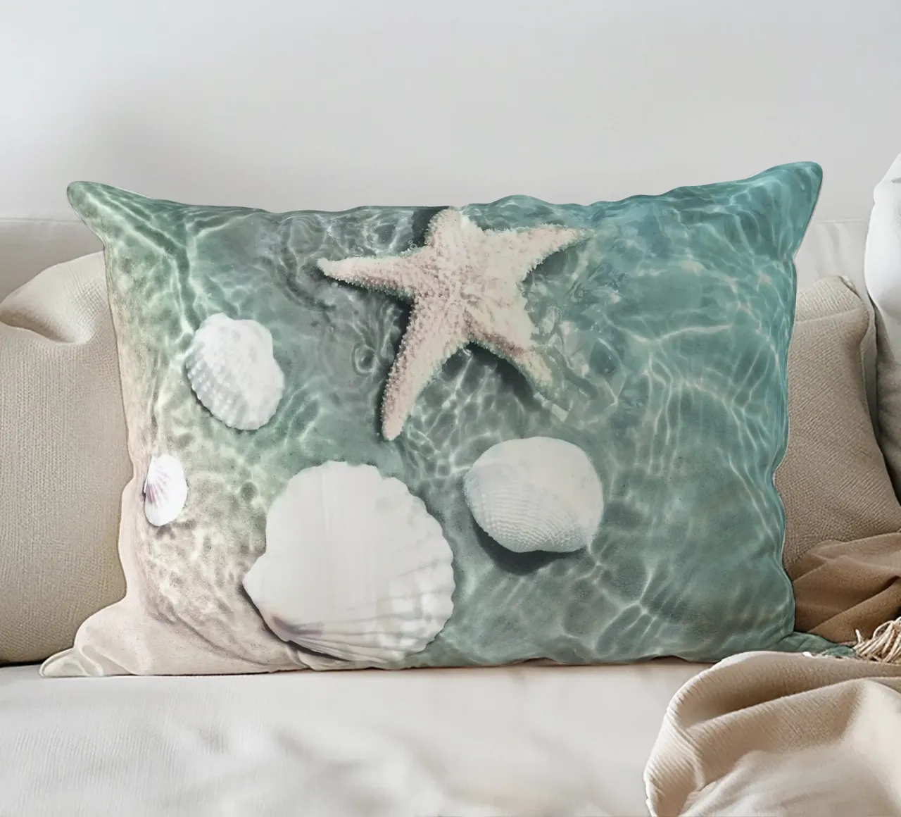 Shells and starfish - maritime summer design decorative cushion by Whole©