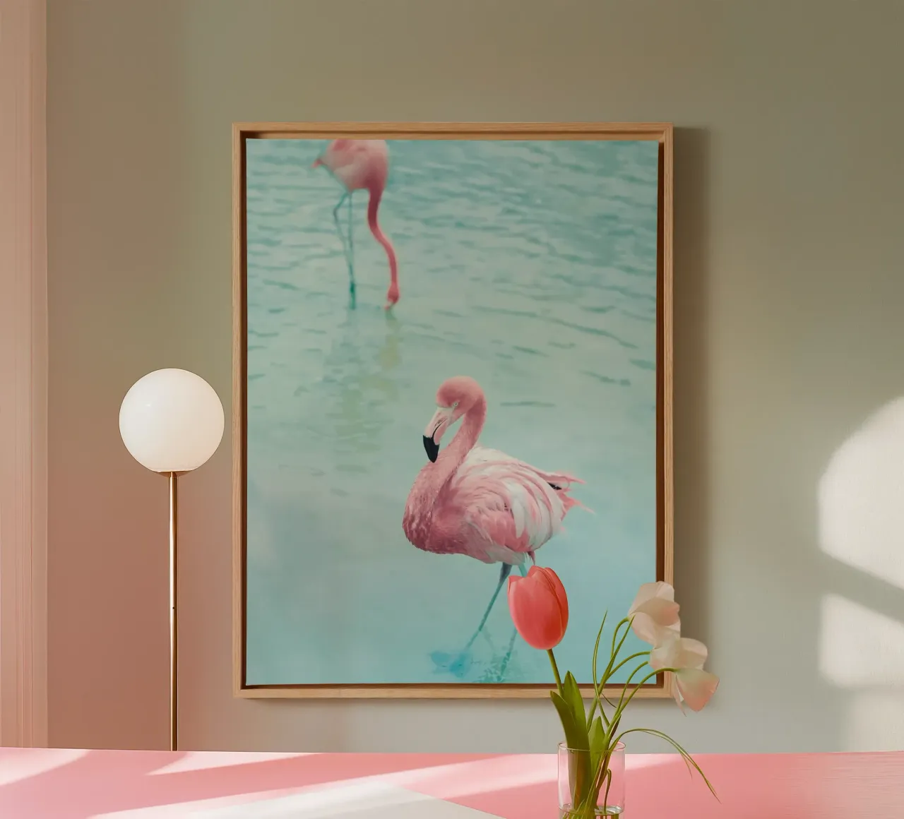 Pink Flamingos - Tropical photo art canvas with Floater frame by Whole©