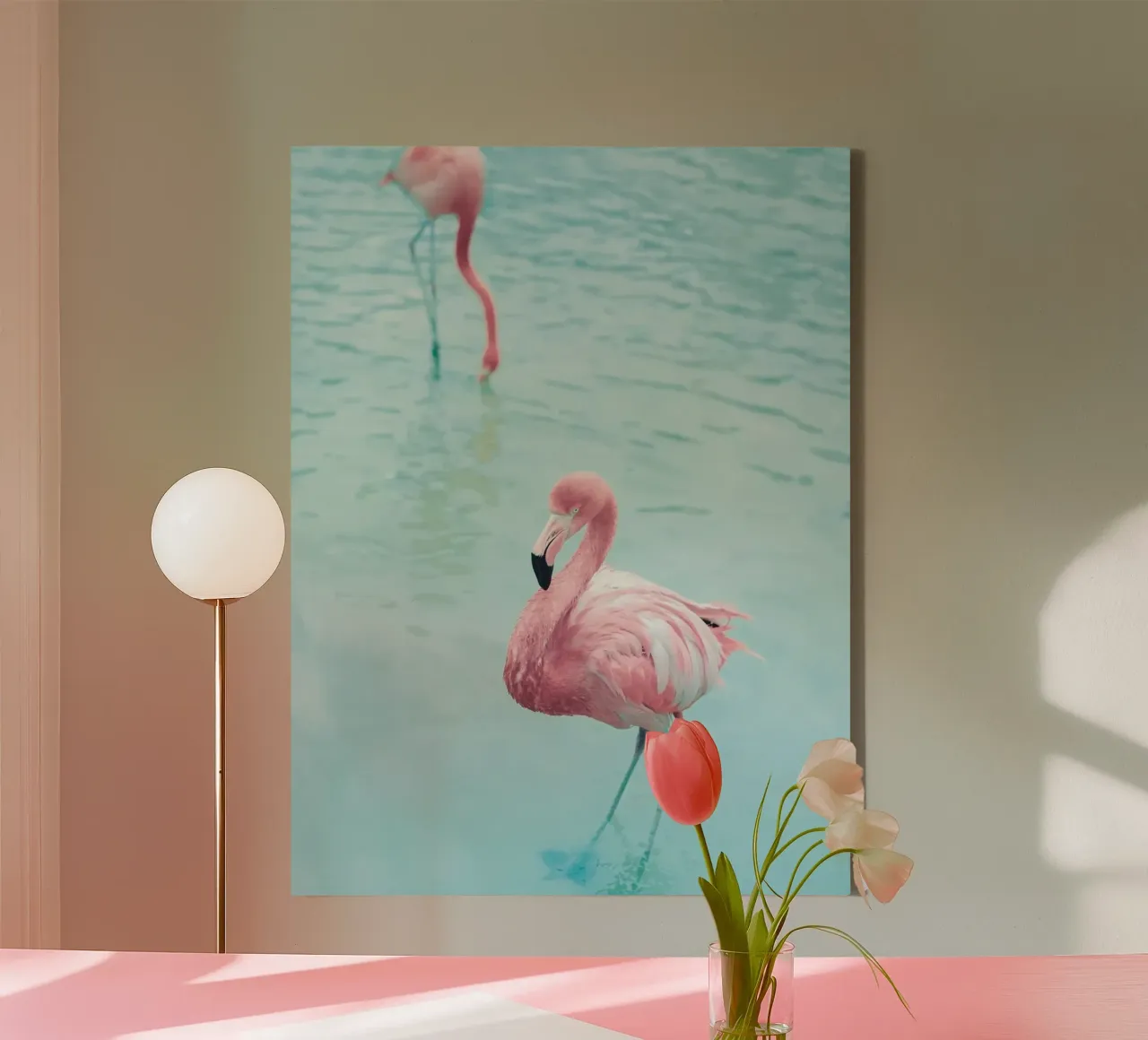 Pink Flamingos - Tropical photo art canvas with Floater frame by Whole©