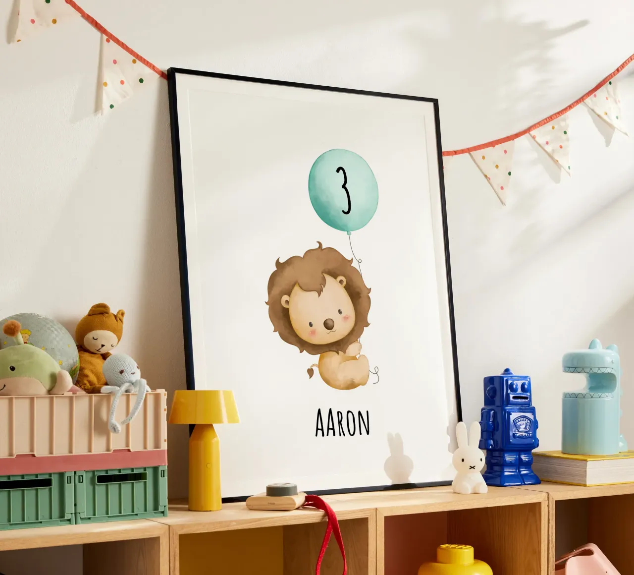 Löwe mit Ballon poster con telaio in legno da Ohkimiko