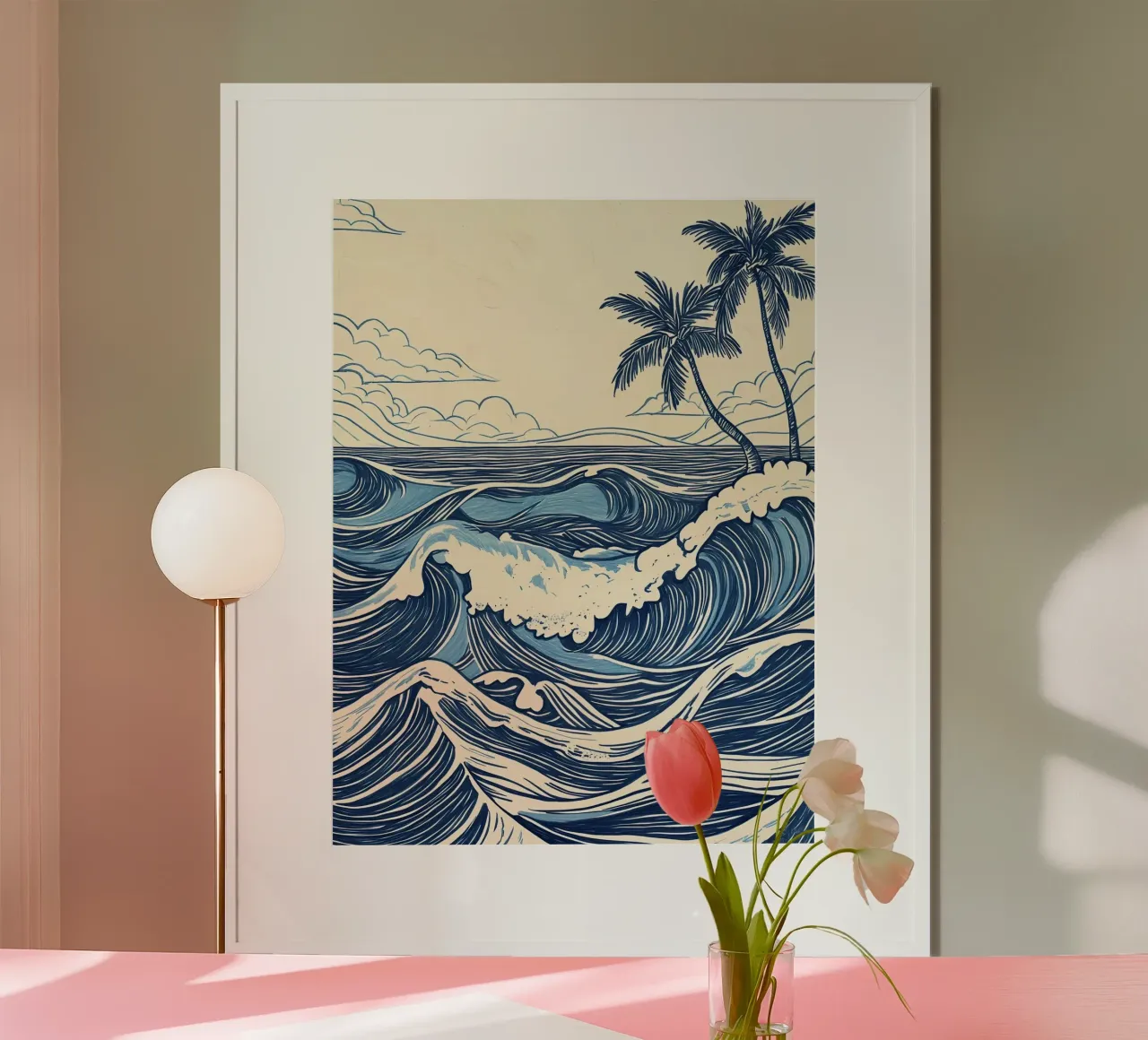Vintage Ocean Waves with Palm Trees hahnemühle by IamHomeStudio
