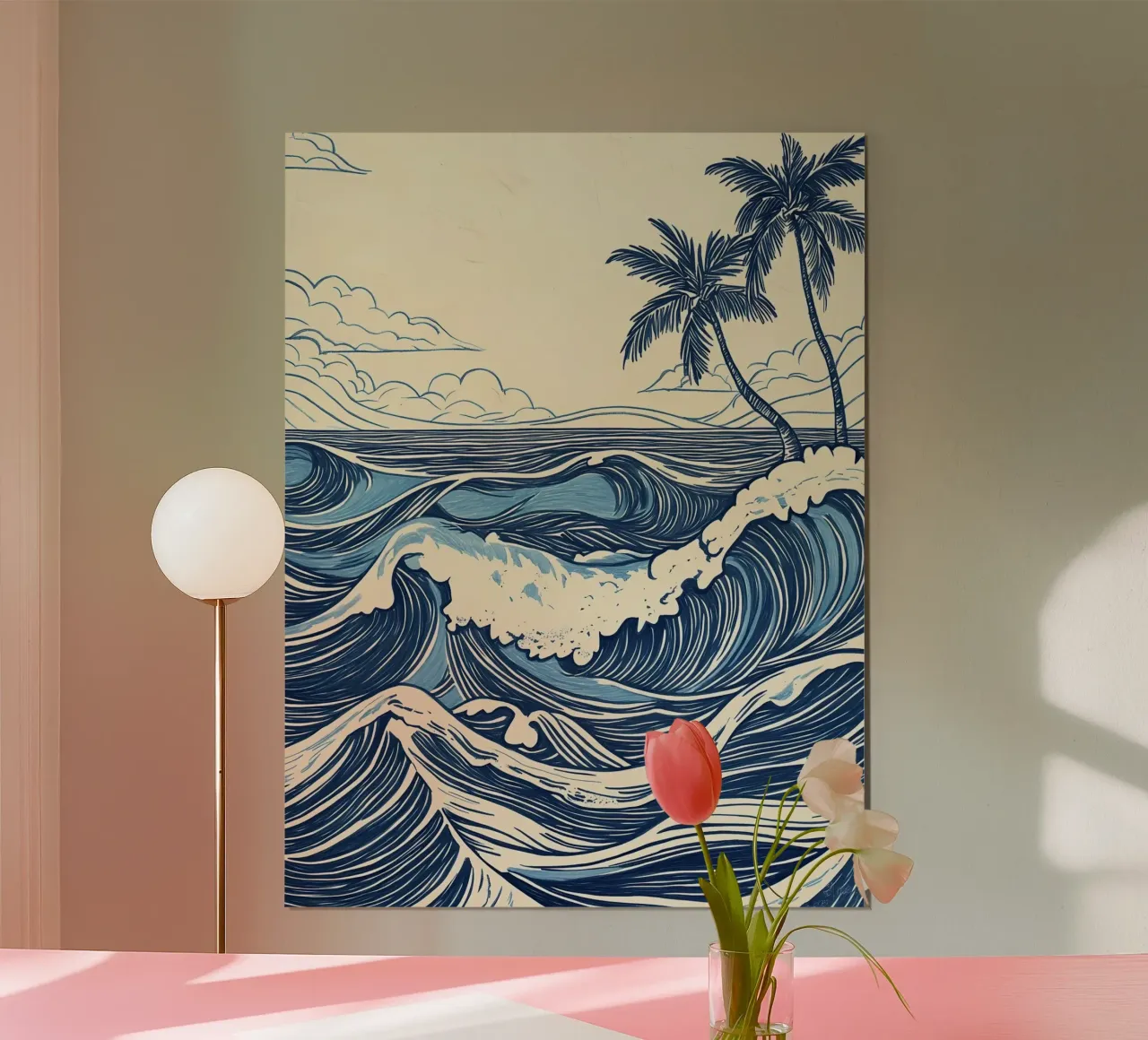 Vintage Ocean Waves with Palm Trees hahnemühle by IamHomeStudio