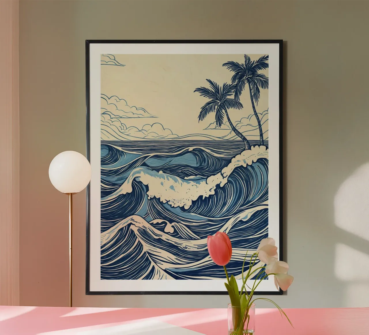 Vintage Ocean Waves with Palm Trees hahnemühle by IamHomeStudio