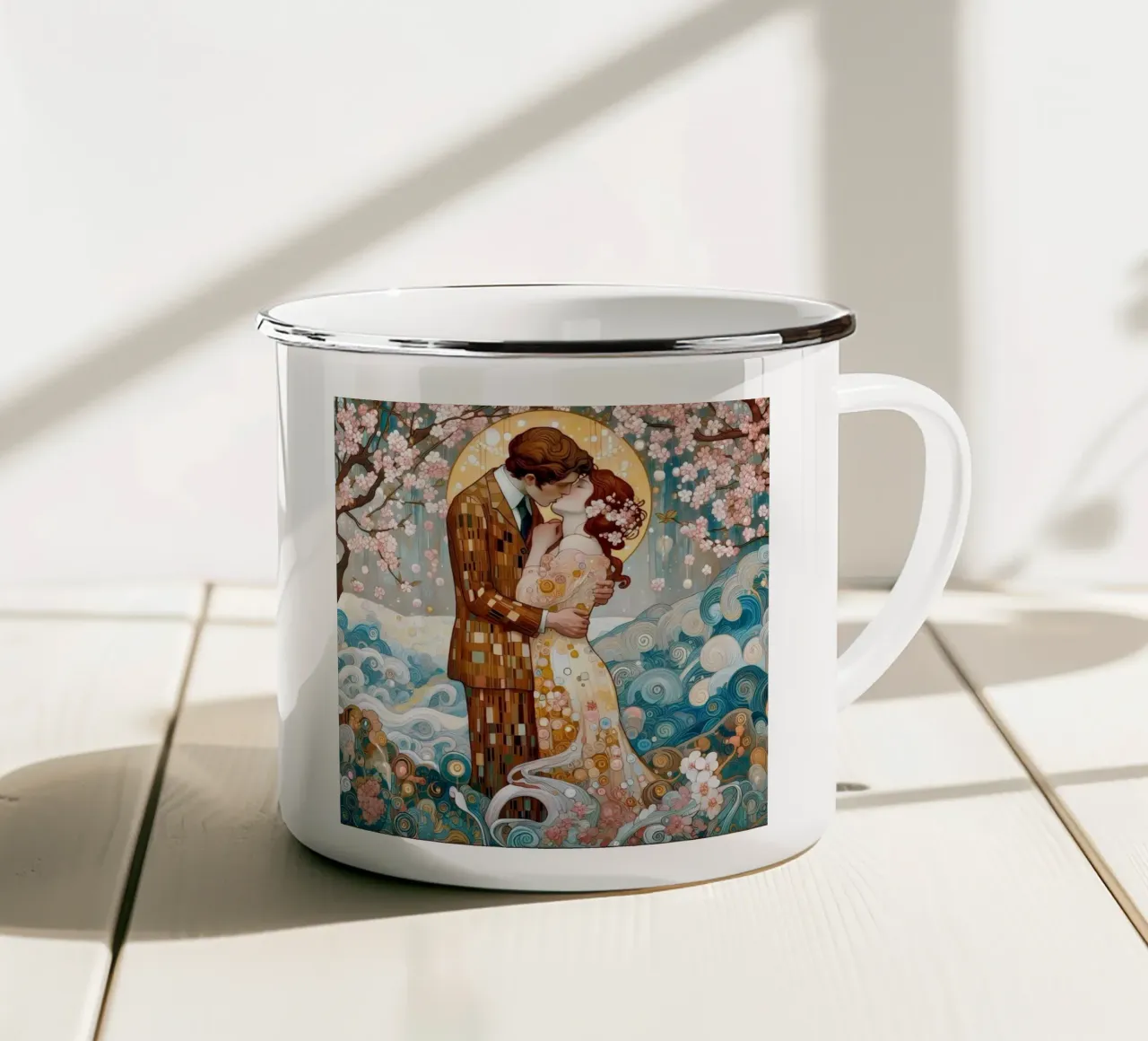 Lovers in Spring enamel mug by Art-Nouveau-Dsg