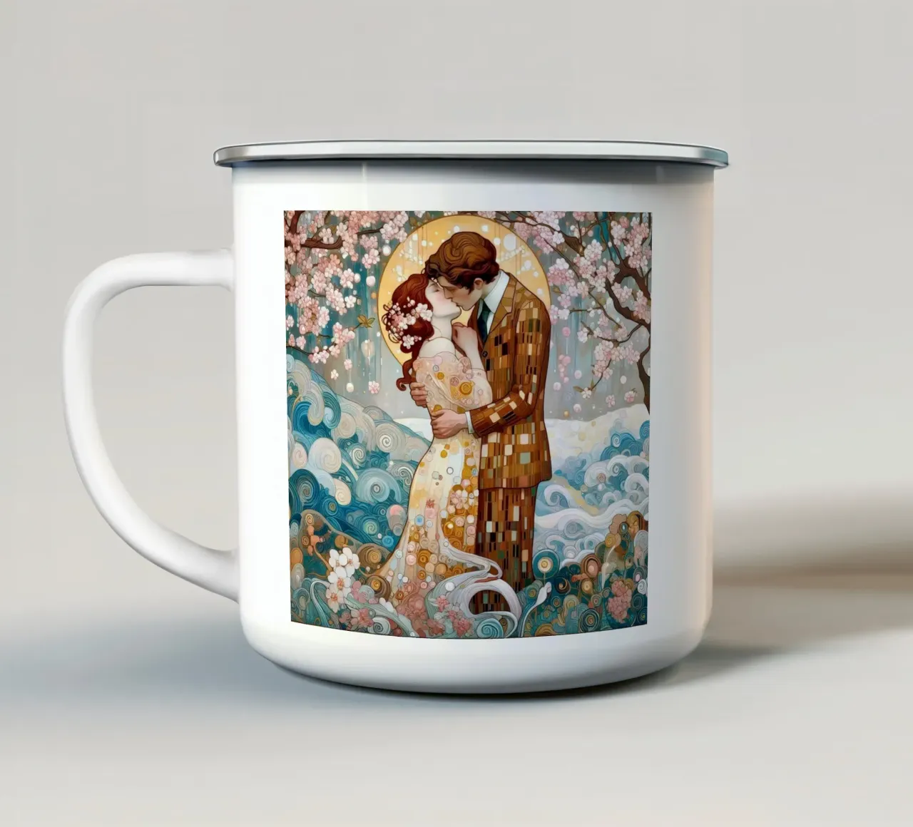 Lovers in Spring enamel mug by Art-Nouveau-Dsg
