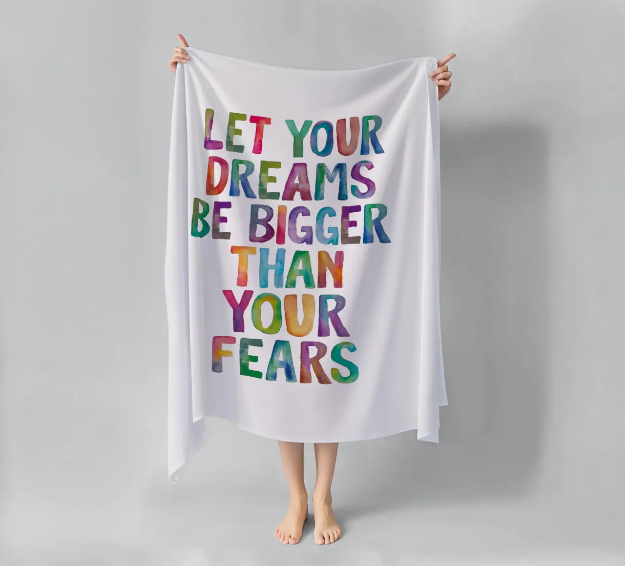Let Your Dreams Be Bigger Than Your Fears Rainbow Design beach towel by THE MOTIVATED TYPE