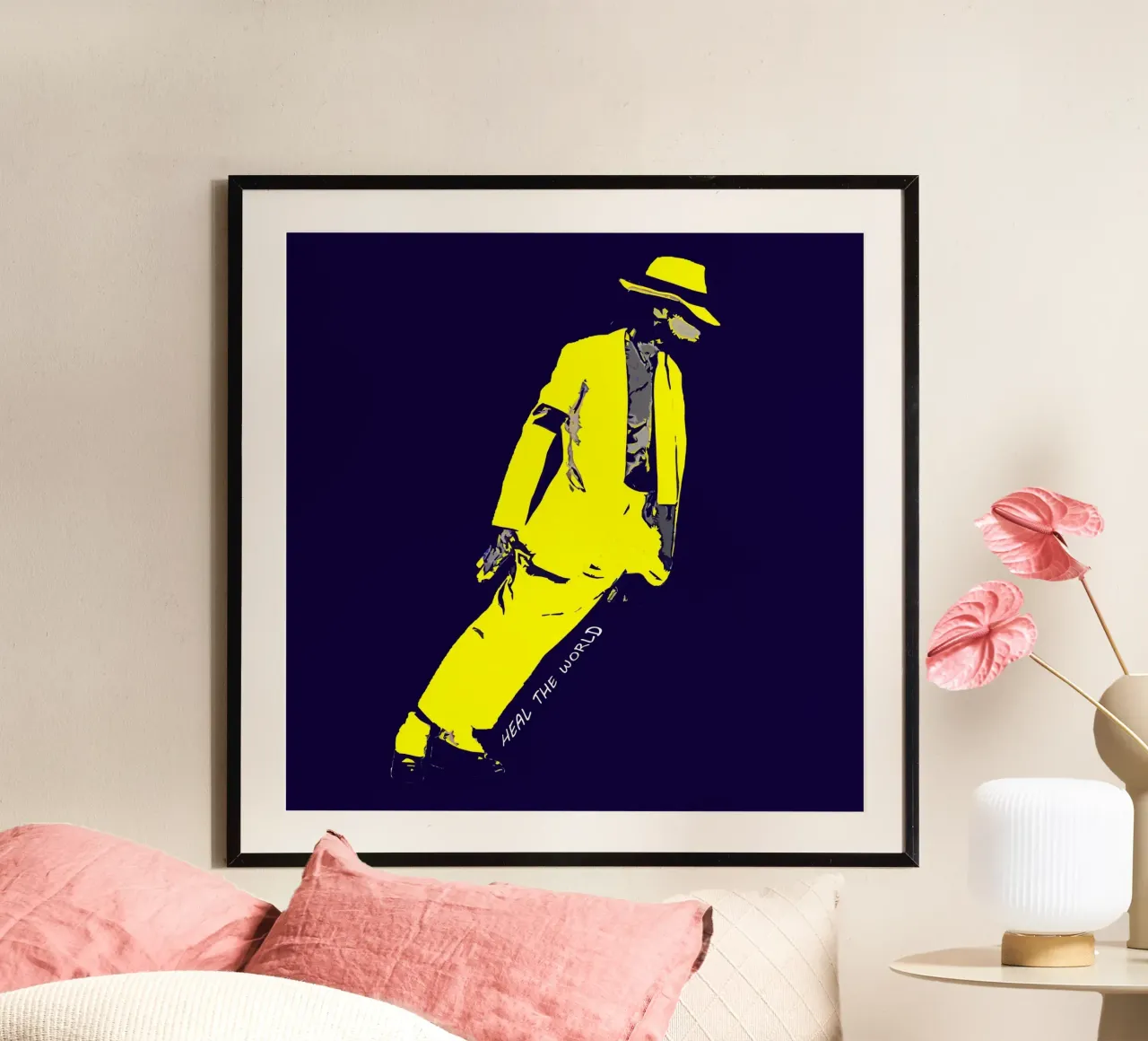 Guarisci il mondo di MJ poster con telaio in alluminio da neonartroom
