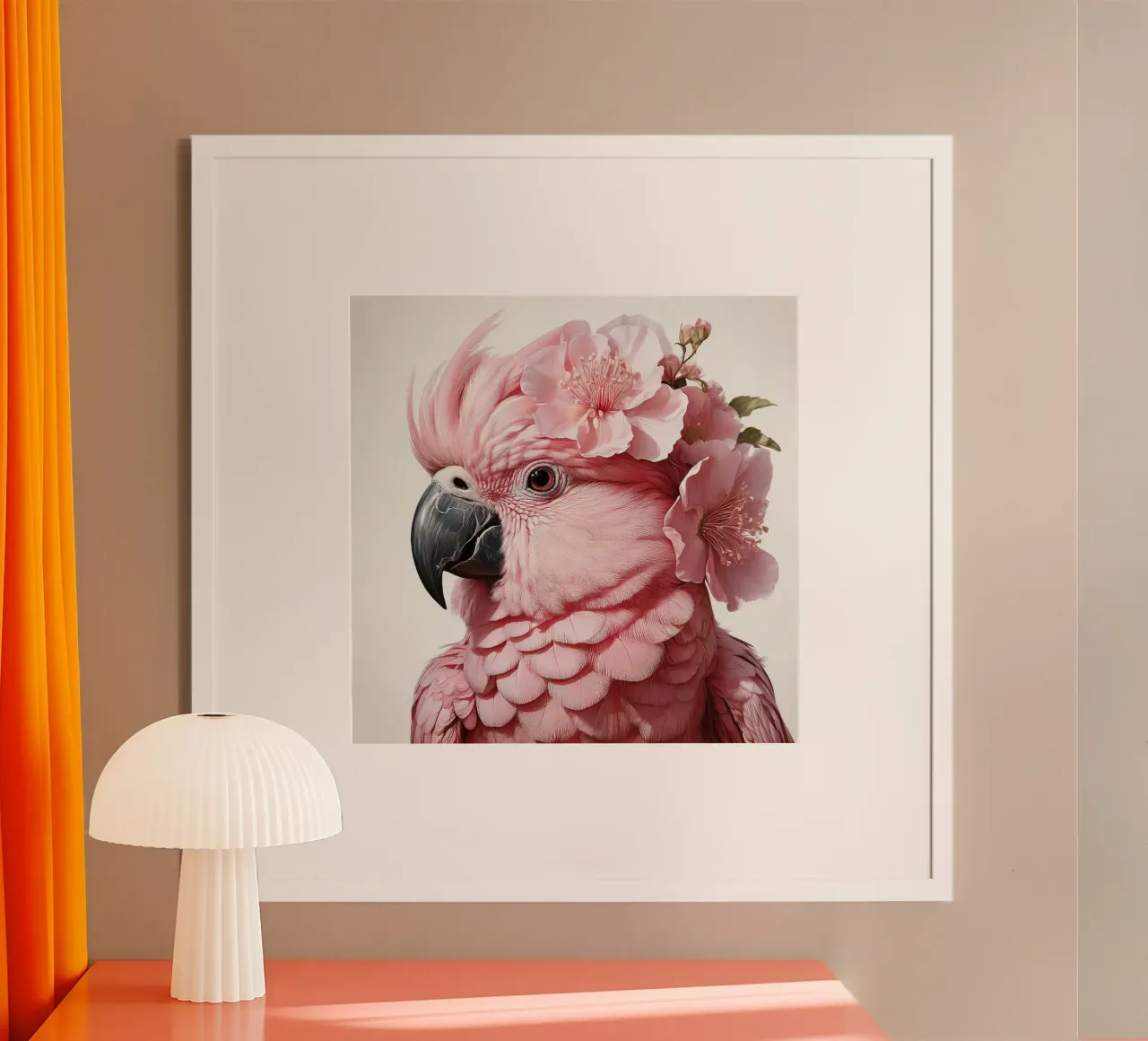 Eleganter rosafarbener Papagei mit geblümter Kopfbedeckung - Atemberaubender Vogel Poster mit Kunststoffrahmen von FlexiDesignsByK