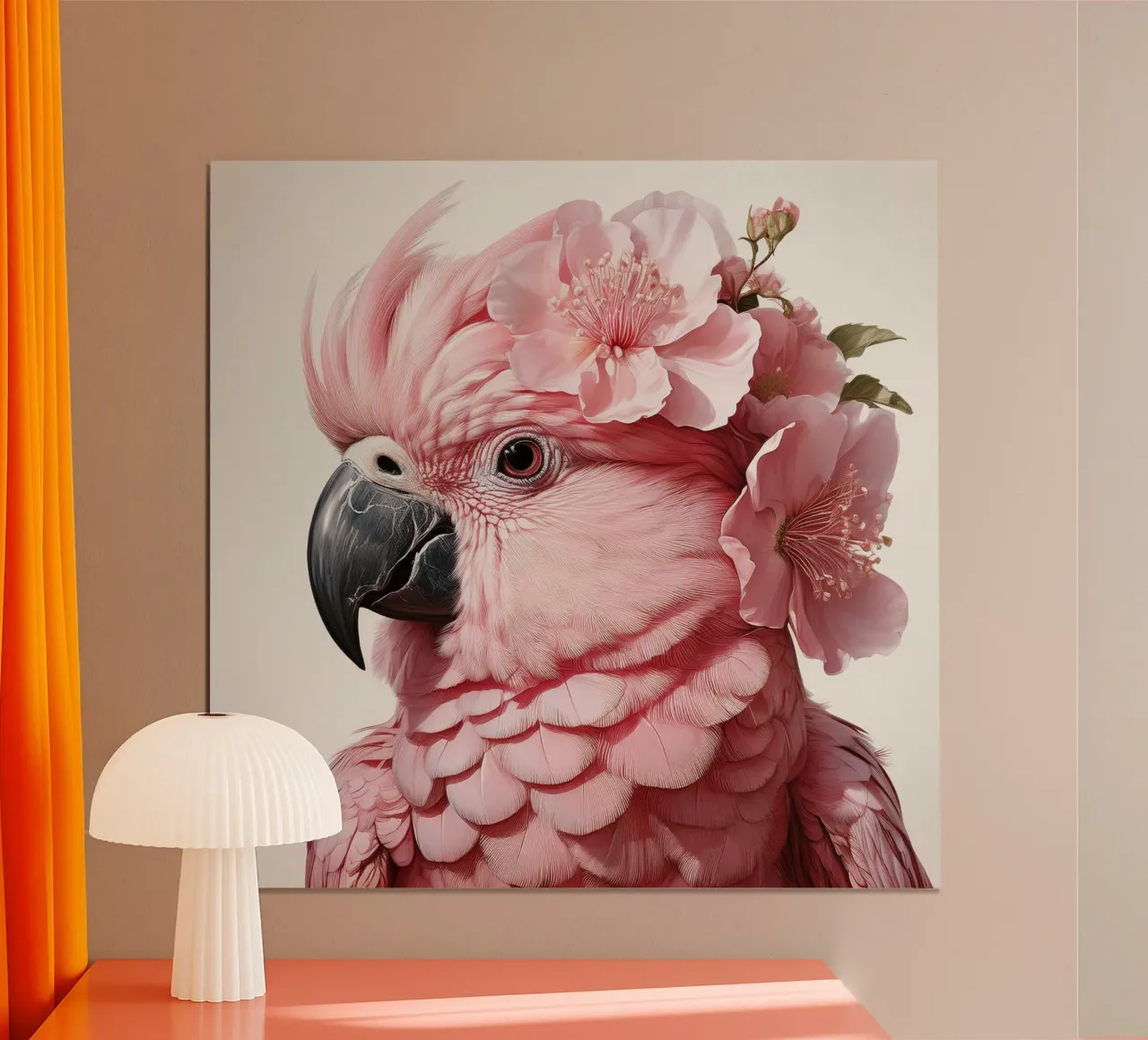 Eleganter rosafarbener Papagei mit geblümter Kopfbedeckung - Atemberaubender Vogel Poster mit Kunststoffrahmen von FlexiDesignsByK