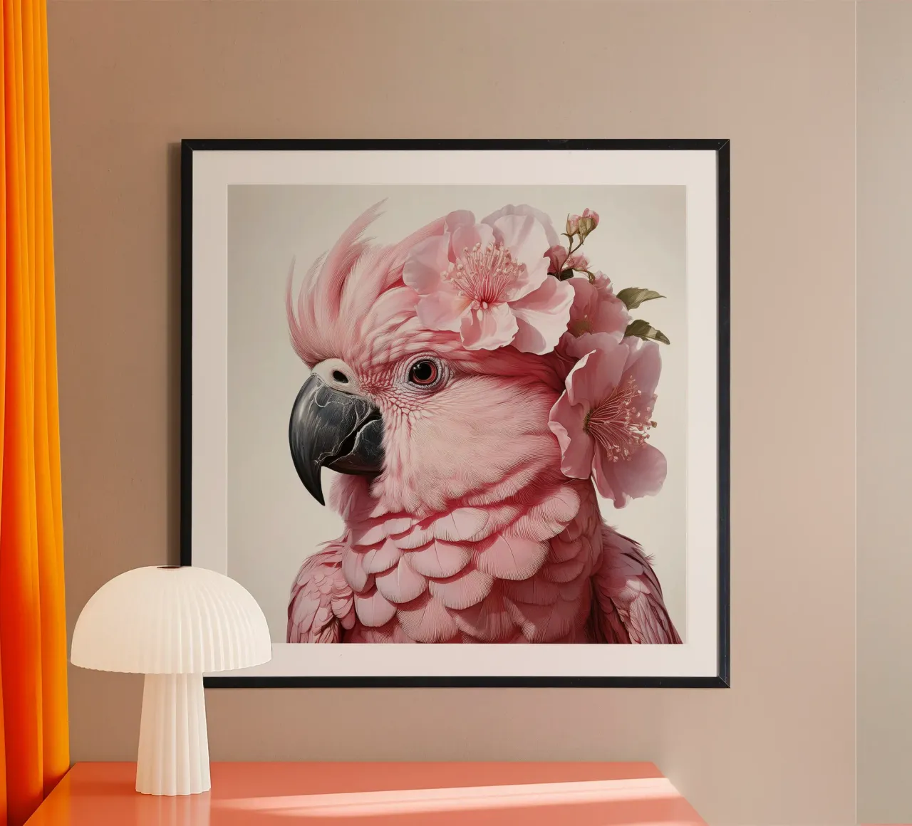 Eleganter rosafarbener Papagei mit geblümter Kopfbedeckung - Atemberaubender Vogel Poster mit Kunststoffrahmen von FlexiDesignsByK