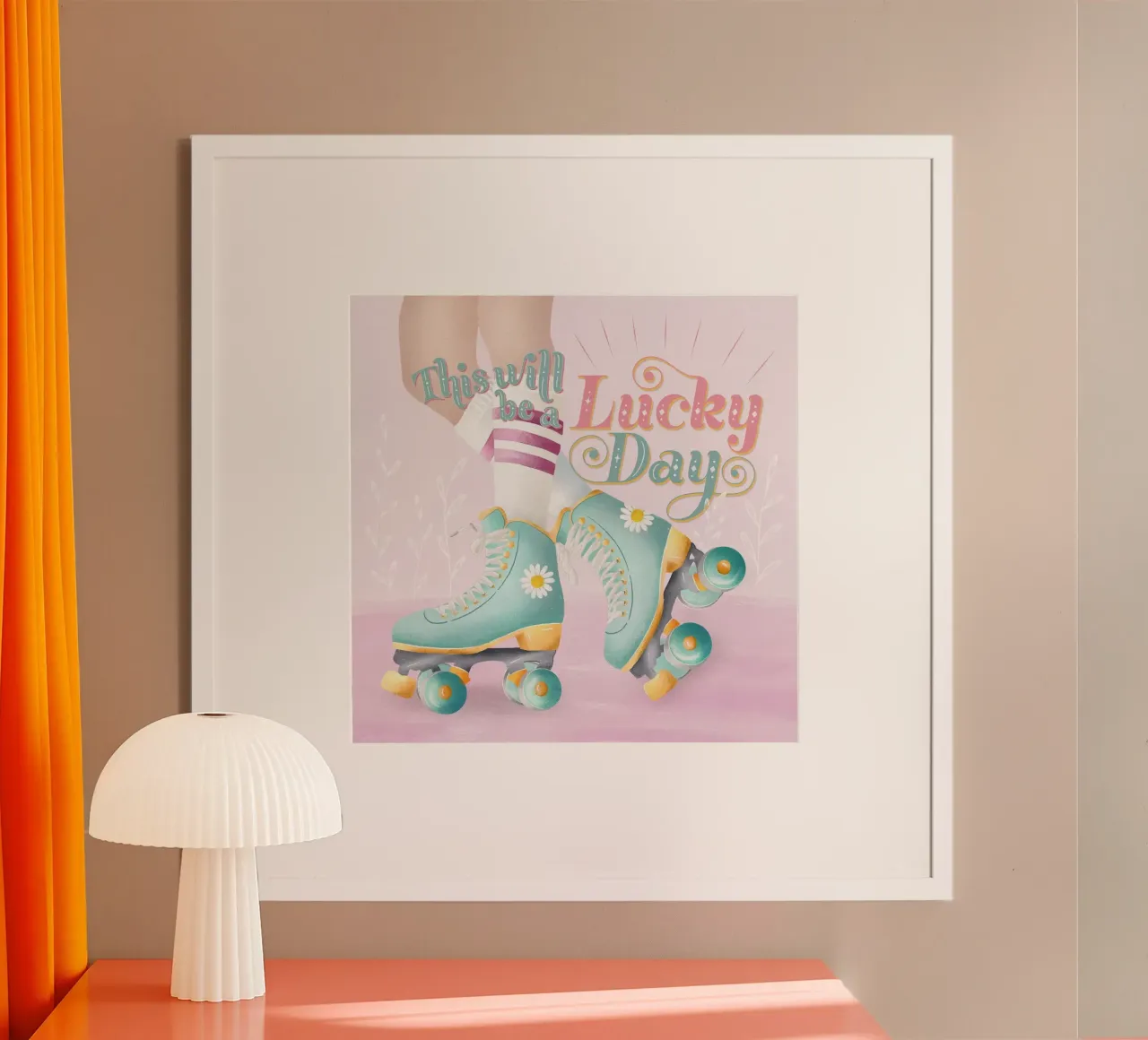Mädchen pattinatrice a rotelle. Questo sarà un giorno fortunato. poster con telaio in plastica da CalliLetters