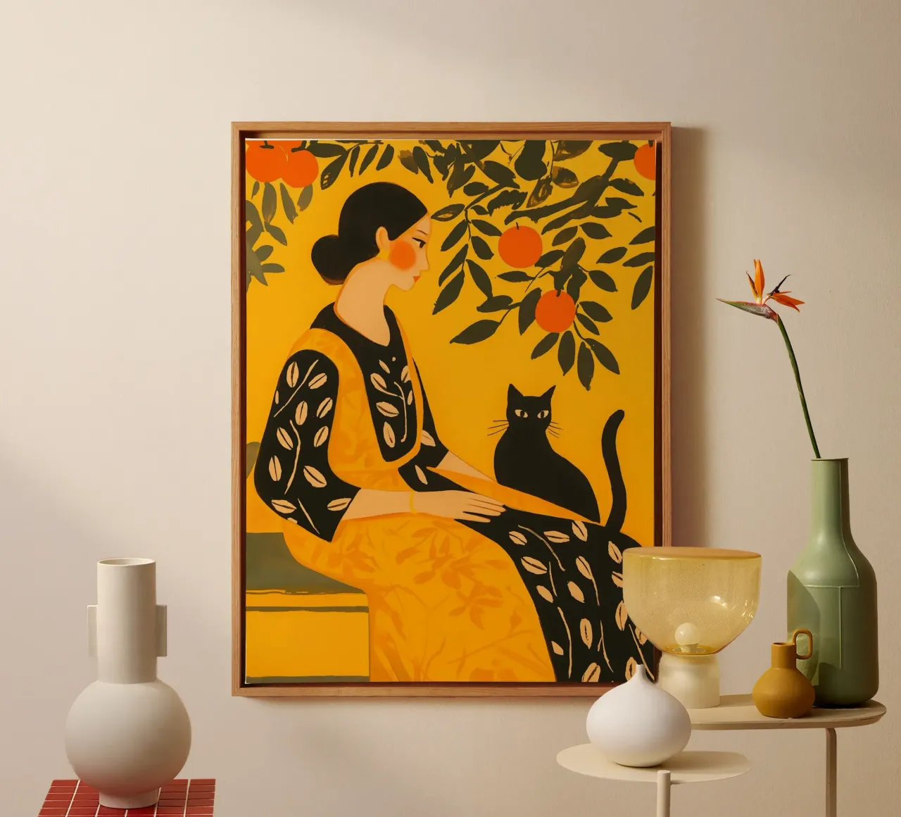Woman with oranges and cat - Inspired by Matisse canvas with Floater frame by Autofocus