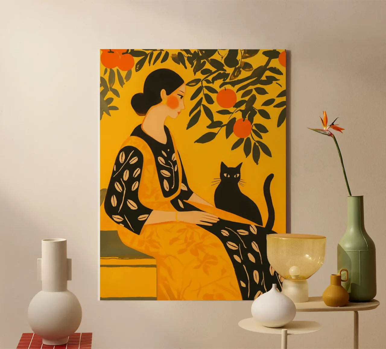 Woman with oranges and cat - Inspired by Matisse canvas with Floater frame by Autofocus