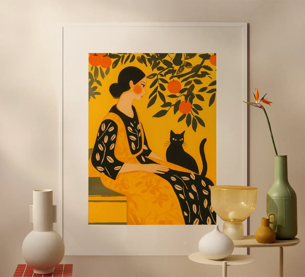 Donna con arance e gatto - Ispirato a Matisse poster con telaio in plastica da Autofocus