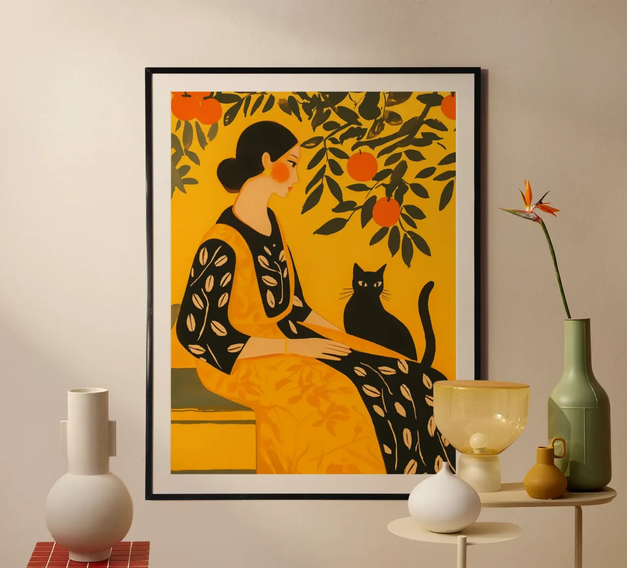 Donna con arance e gatto - Ispirato a Matisse poster con telaio in plastica da Autofocus