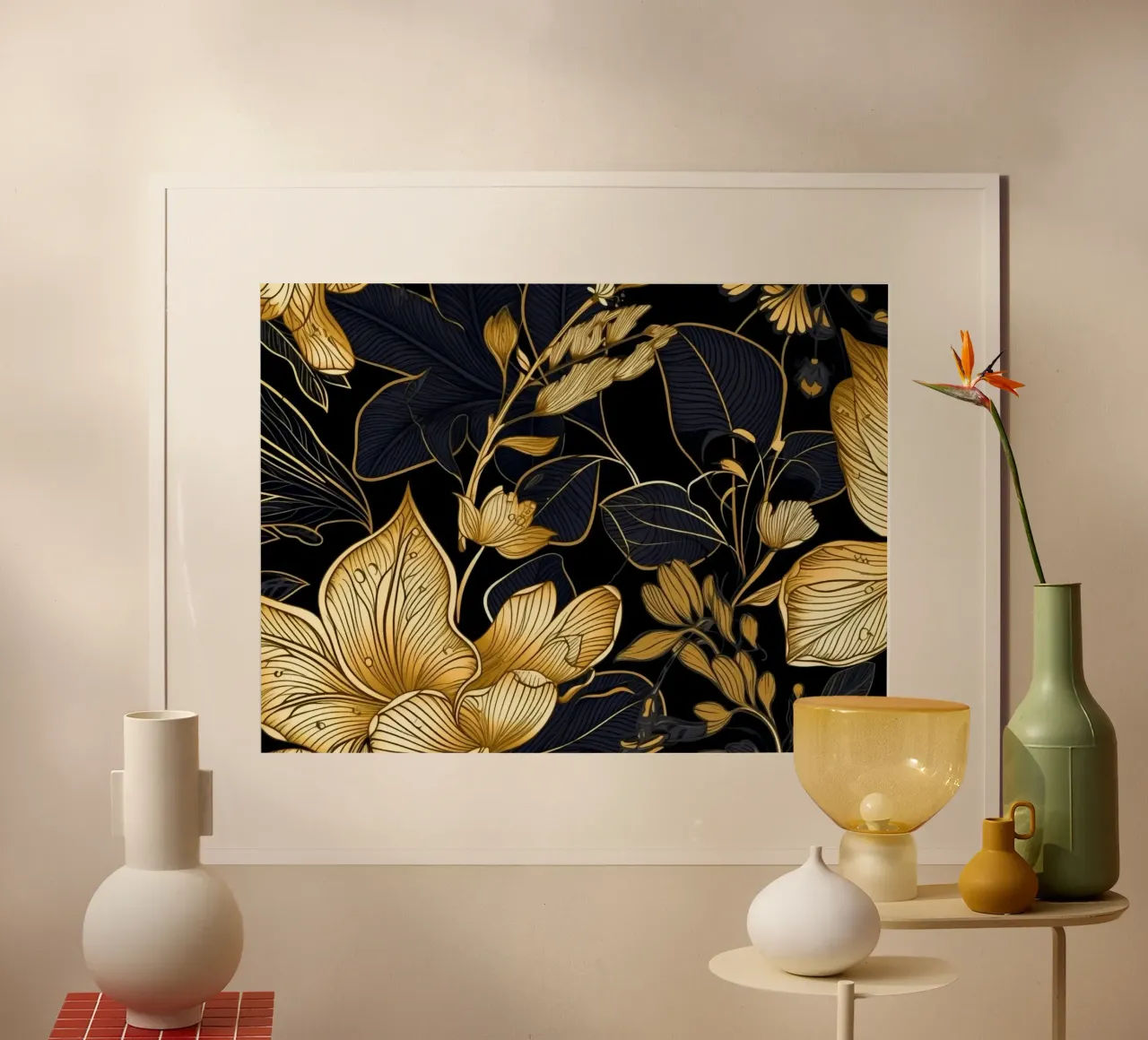 Gold and Black Foliage poster con telaio in alluminio da Artsy Bessy