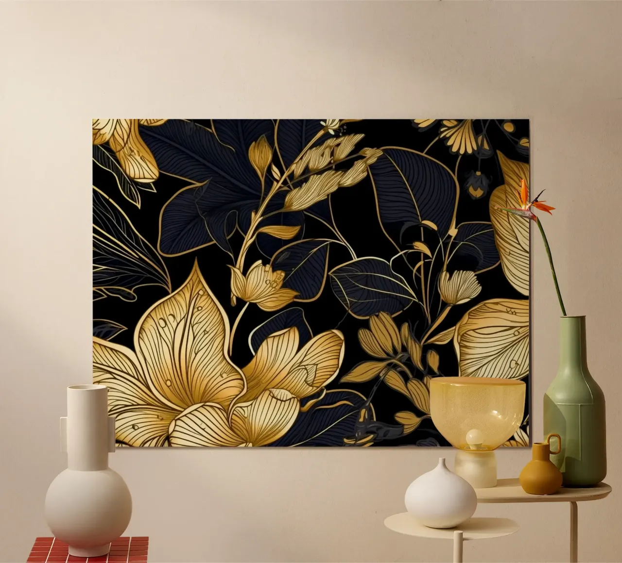 Gold and Black Foliage poster con telaio in alluminio da Artsy Bessy