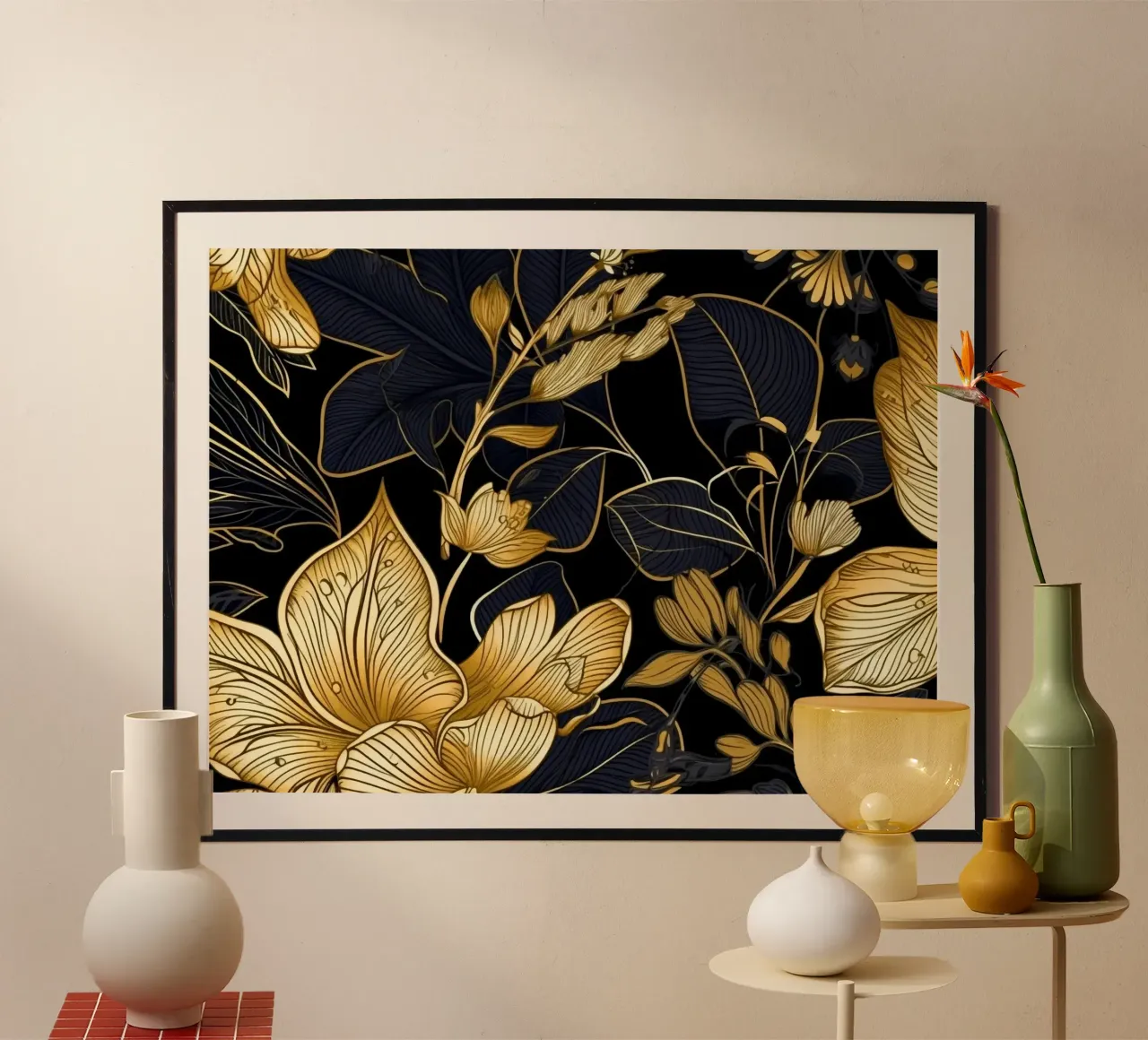 Gold and Black Foliage poster con telaio in alluminio da Artsy Bessy