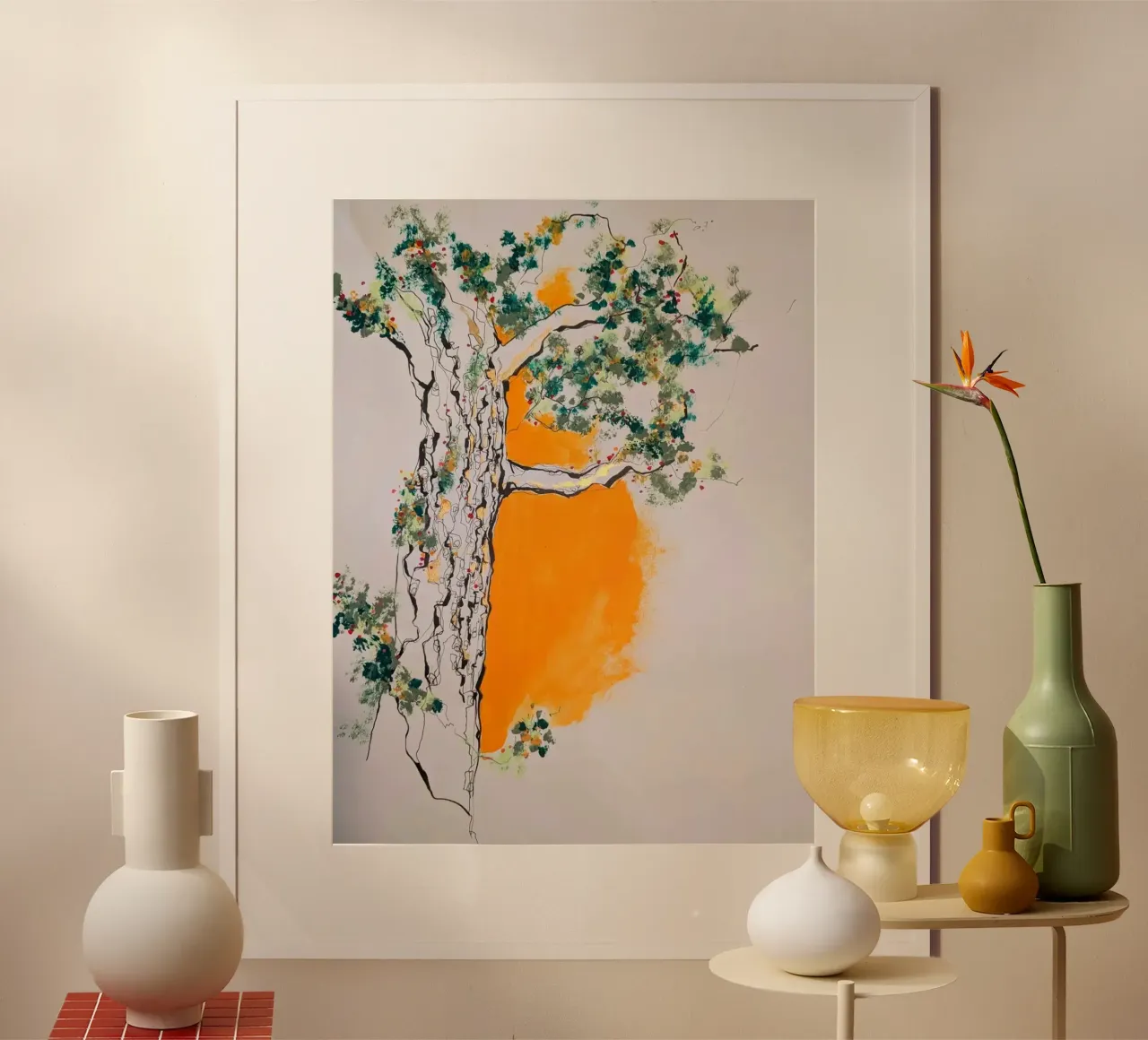 Arbre orange poster with wooden frame by Bénédicte Berthod