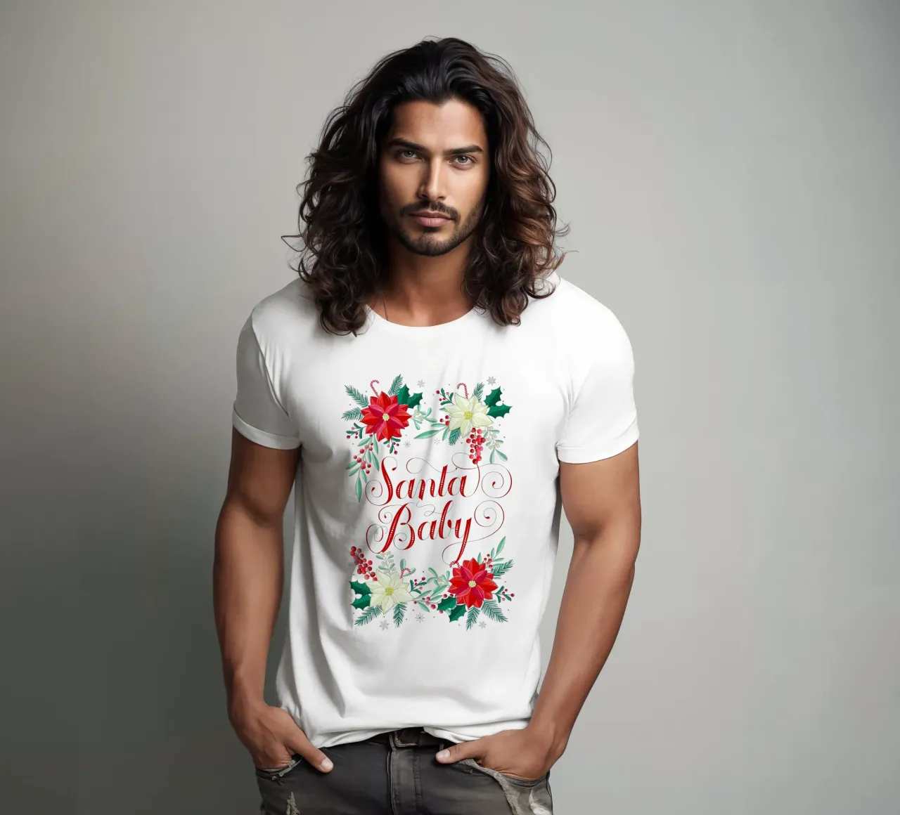 Santa Baby. Poinsettias, fir branches, candy canes t-shirt by CalliLetters