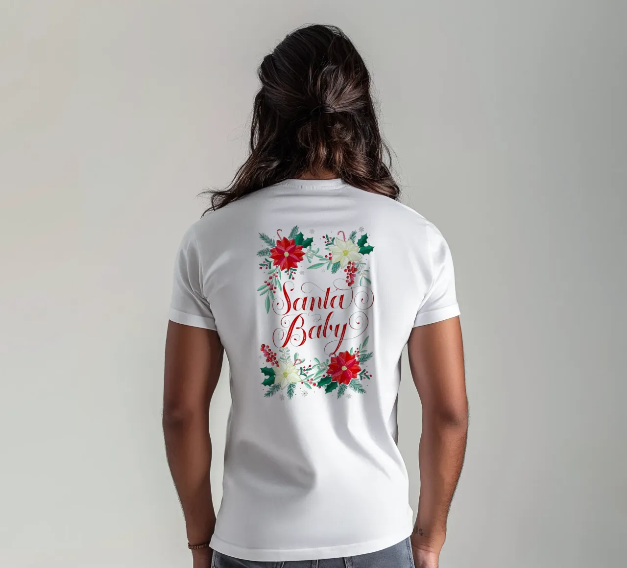 Santa Baby. Poinsettias, fir branches, candy canes t-shirt by CalliLetters