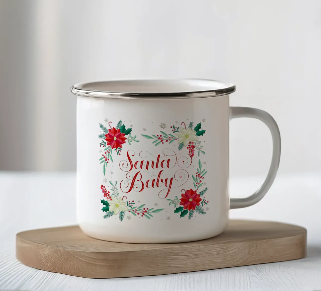 Le bébé du Père Noël. Étoiles de Noël, branches de sapin, cannes à sucre mug en émail de CalliLetters