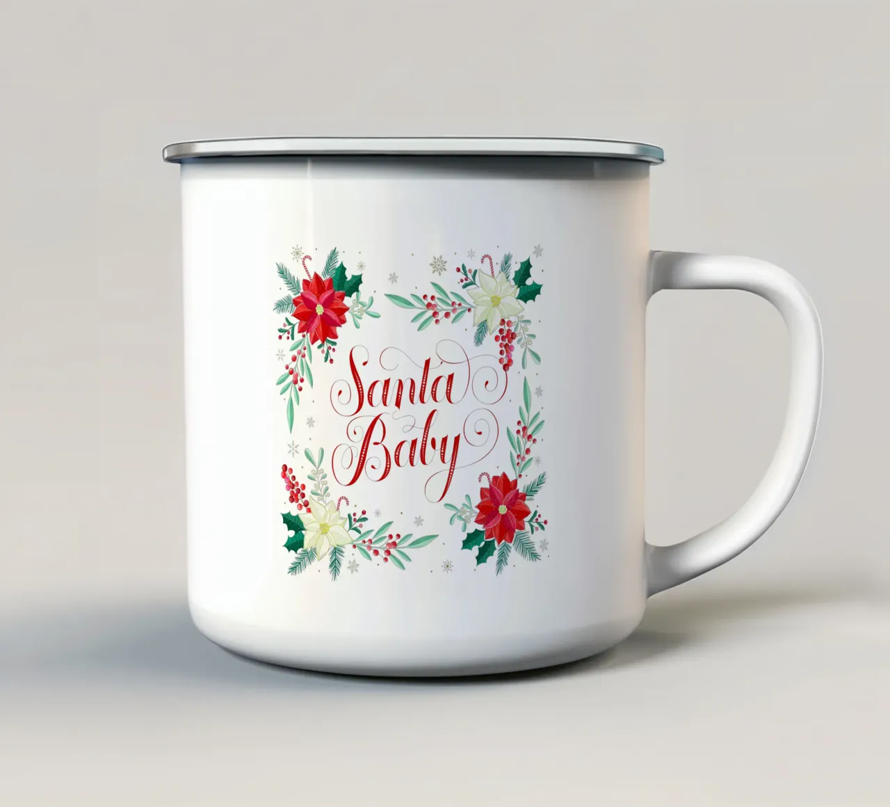 Le bébé du Père Noël. Étoiles de Noël, branches de sapin, cannes à sucre mug en émail de CalliLetters