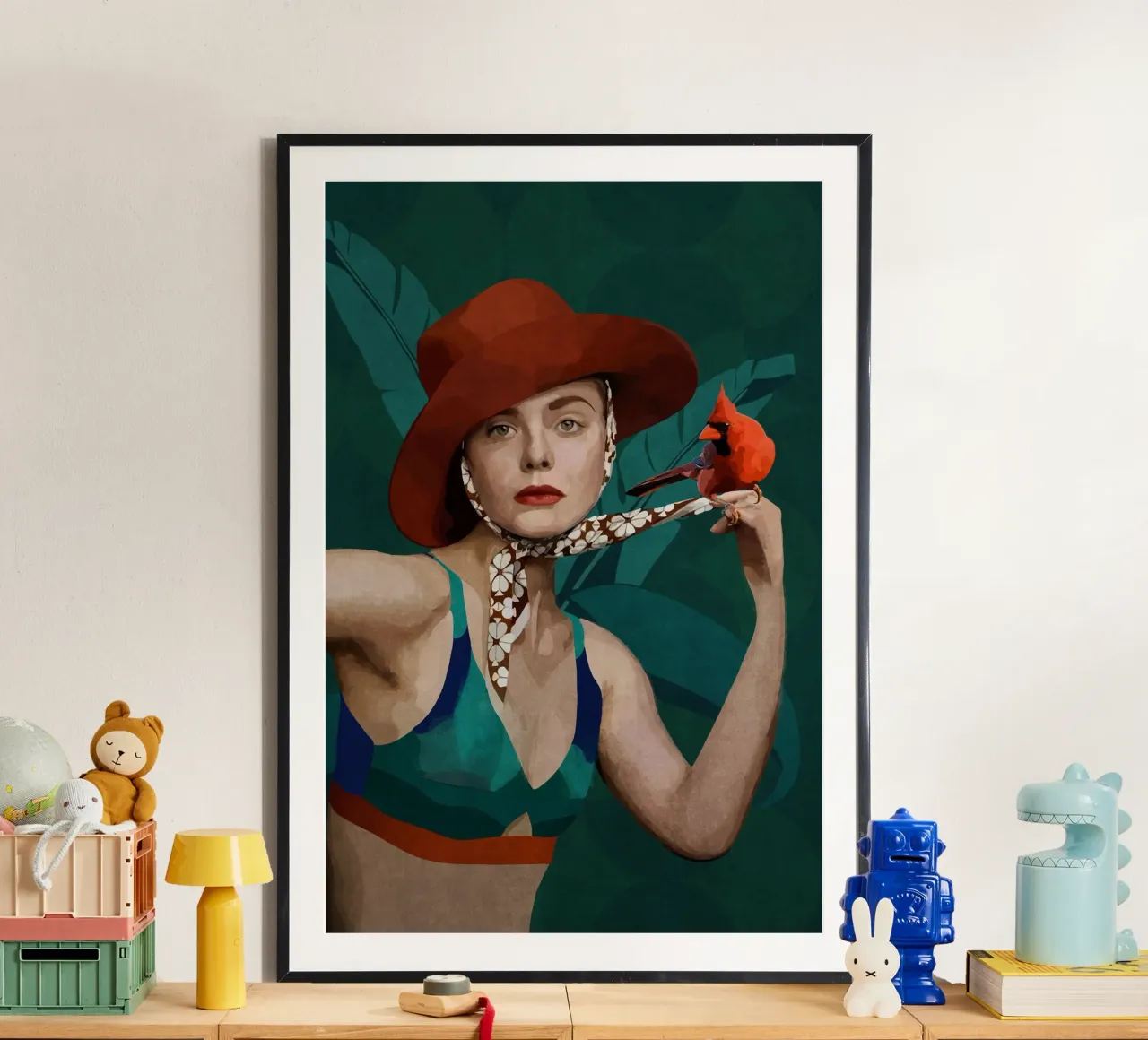 Emel Tunaboylu - Un uccello cardinale e una signora con il cappello rosso poster con telaio in alluminio da The Artcircle